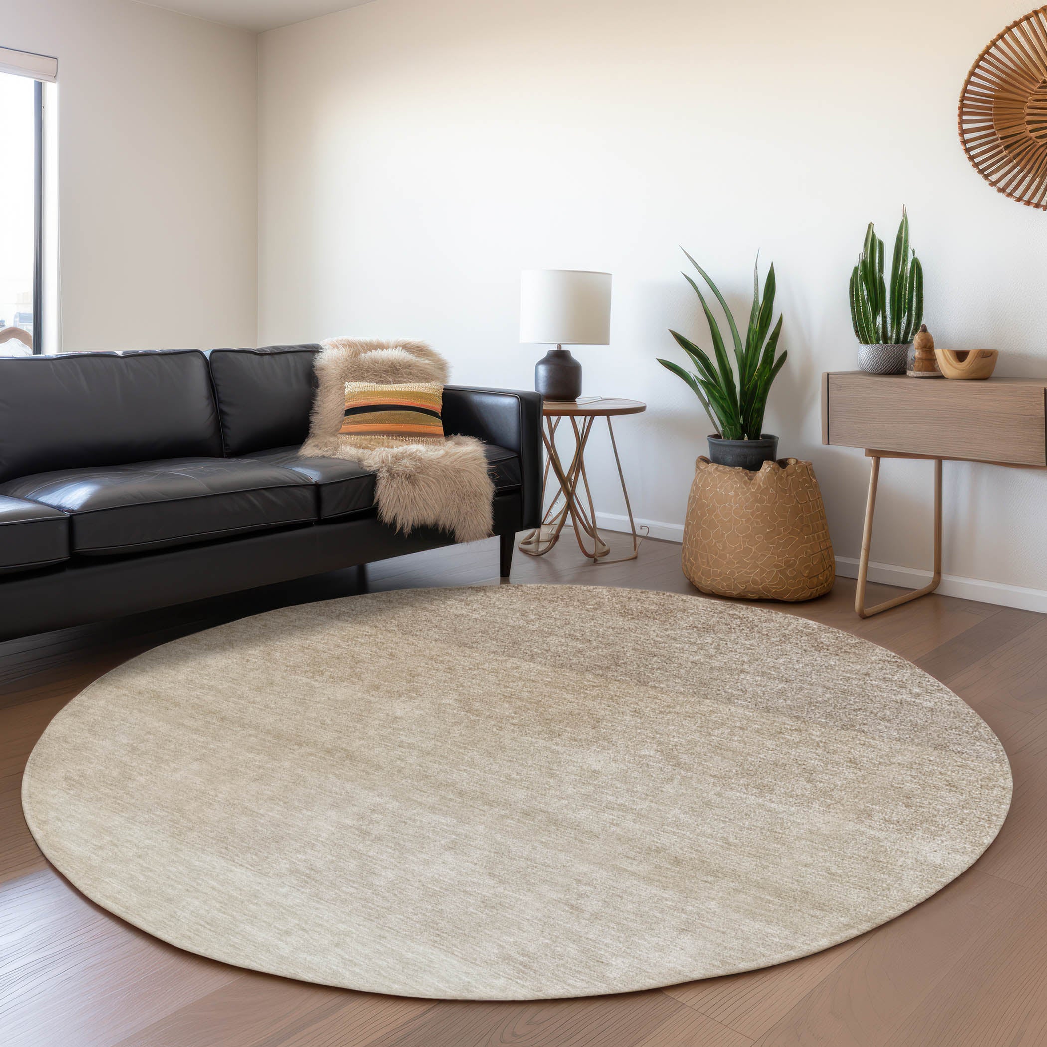 Salzburg Machine Washable Transitional Beige Brown Rug 8' x 8' #shape_Round