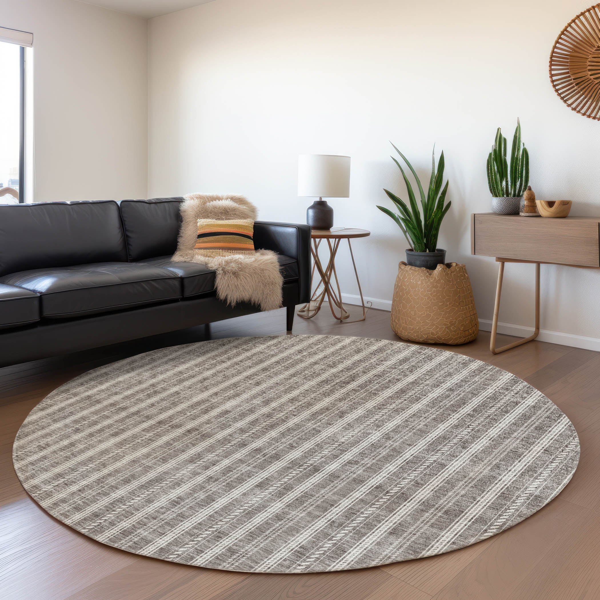Dublin Machine Washable Transitional Taupe Brown Rug 8' x 8' #shape_Round