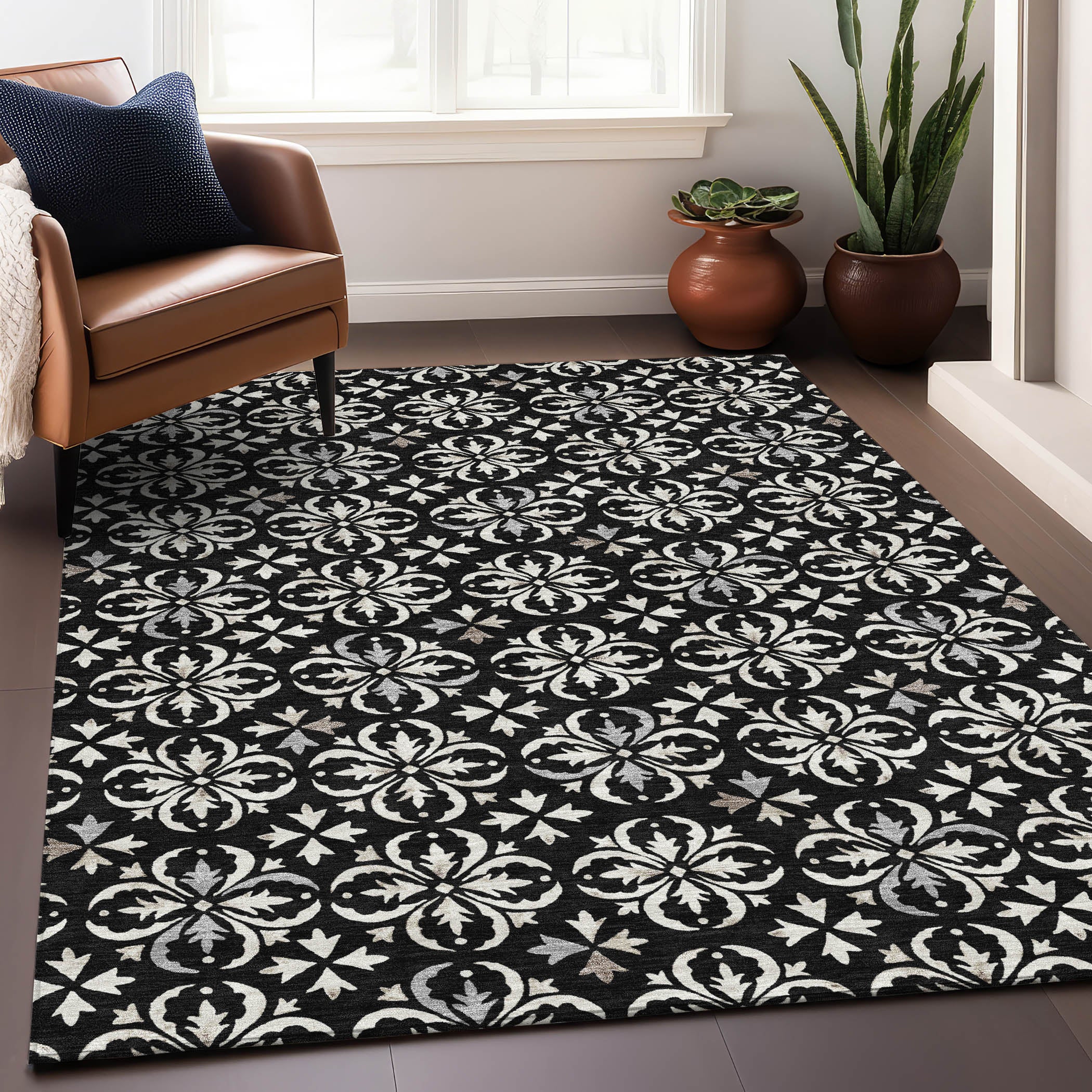 Antigua Machine Washable Transitional Black Rug 2'6" x 3'10" #shape_Rectangle