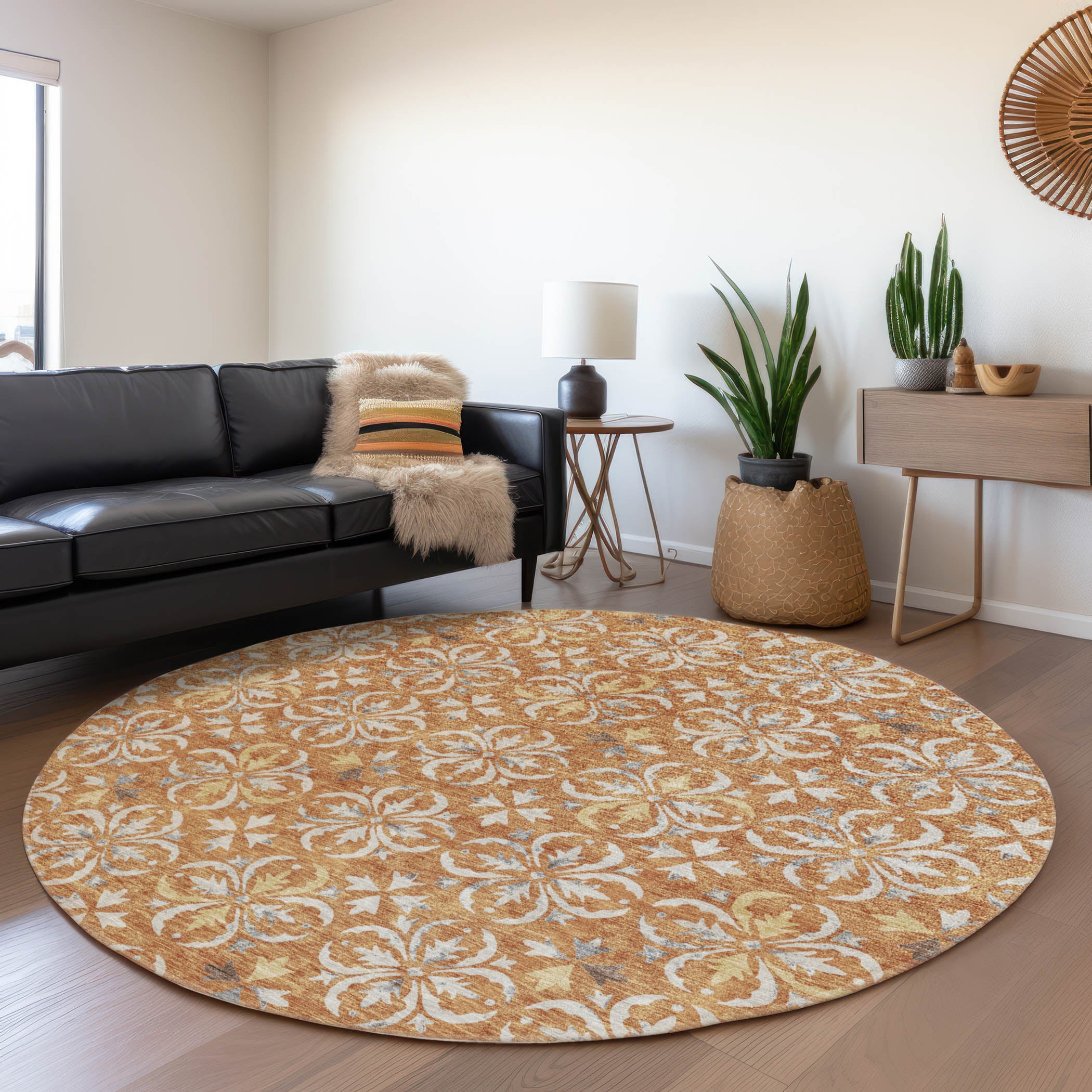 Antigua Machine Washable Transitional Copper Orange Rug 8' x 8' #shape_Round