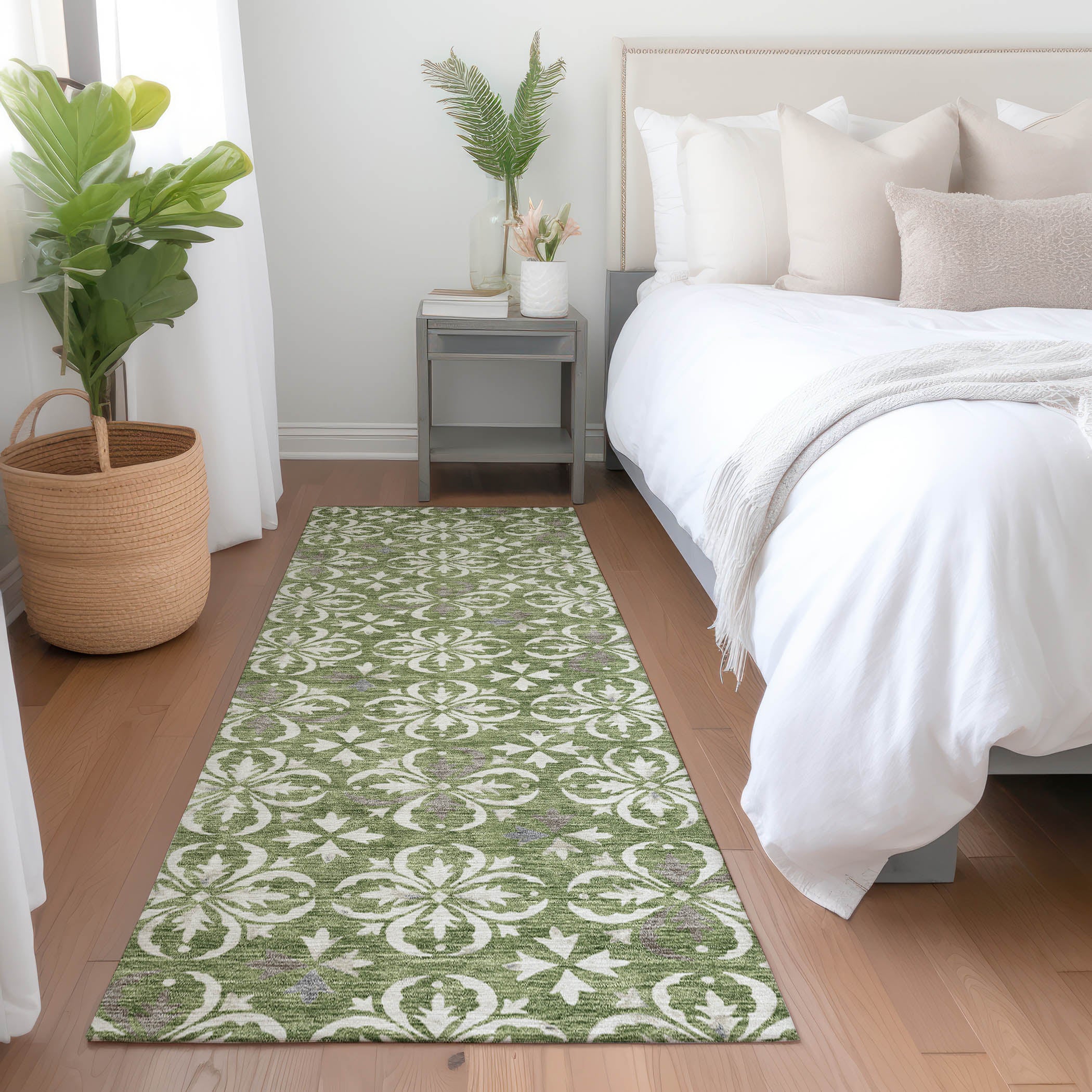 Antigua Machine Washable Transitional Green Rug 2'3" x 7'6" #shape_Runner