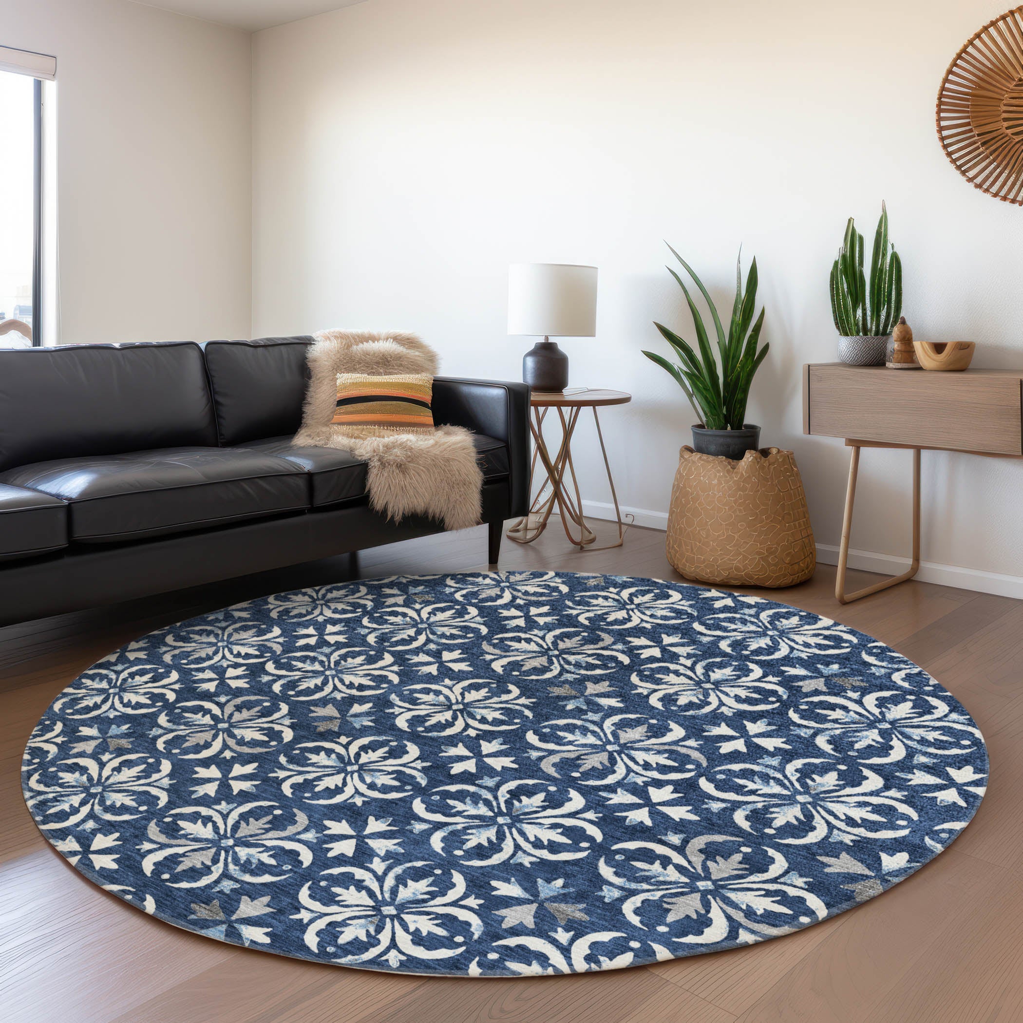 Antigua Machine Washable Transitional Navy Blue Rug 8' x 8' #shape_Round