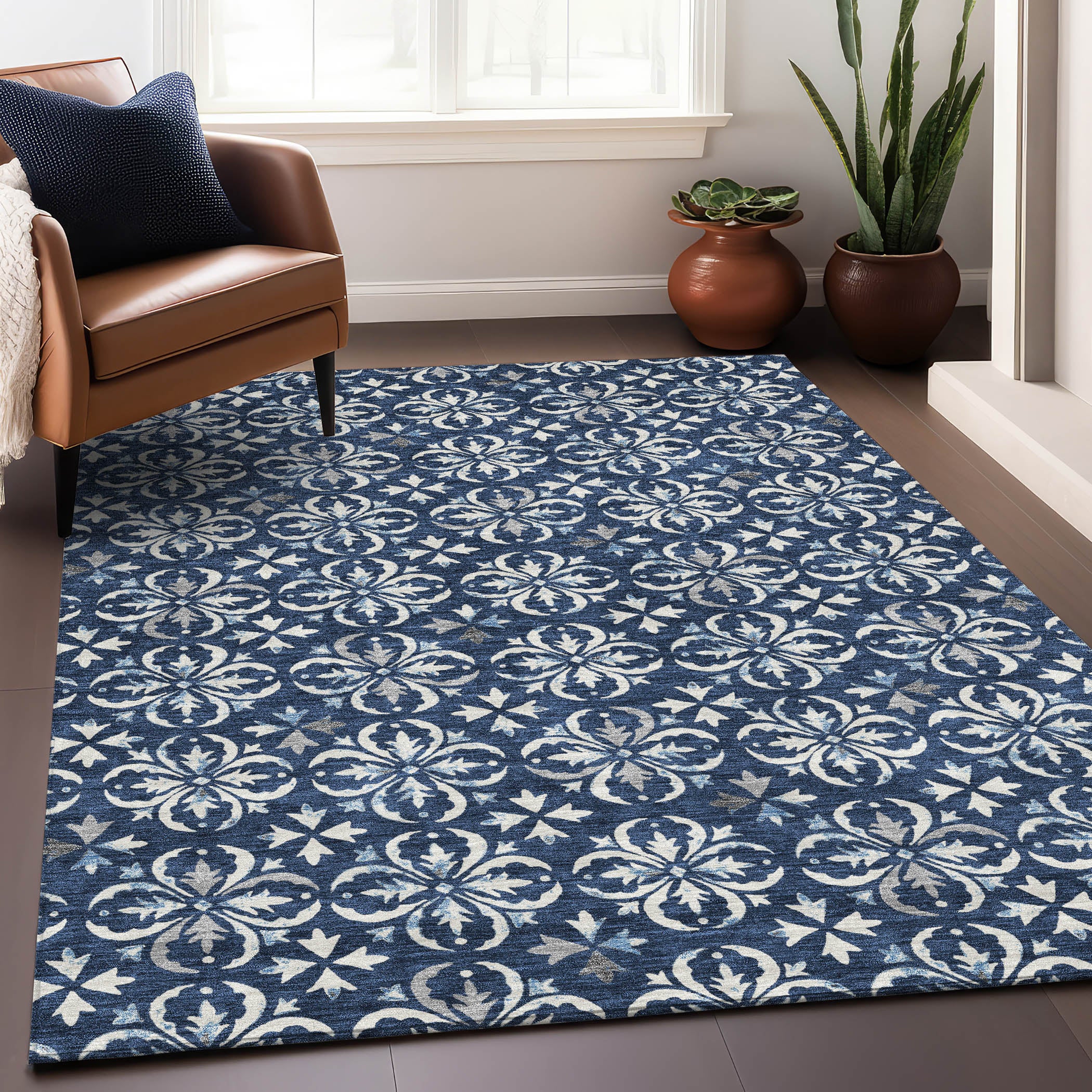 Antigua Machine Washable Transitional Navy Blue Rug 2'6" x 3'10" #shape_Rectangle