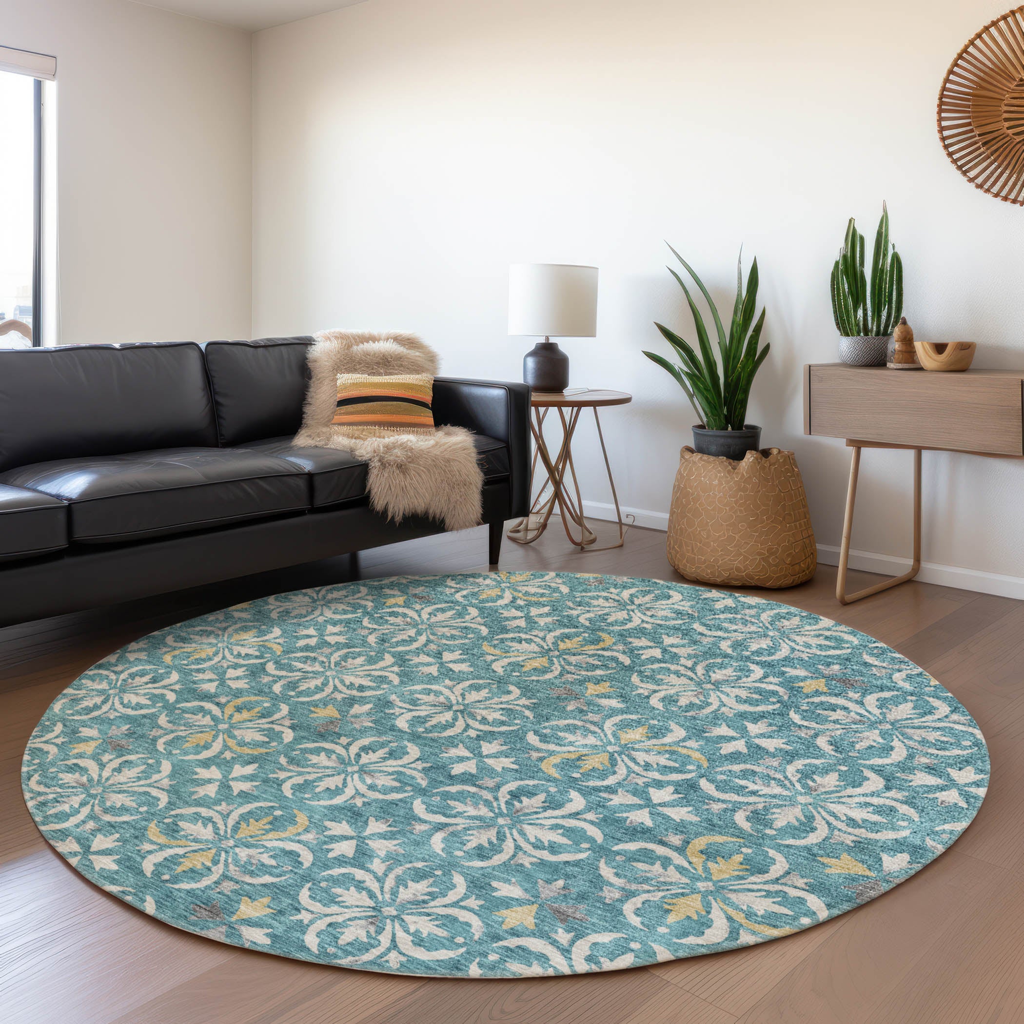 Antigua Machine Washable Transitional Teal Rug 8' x 8' #shape_Round