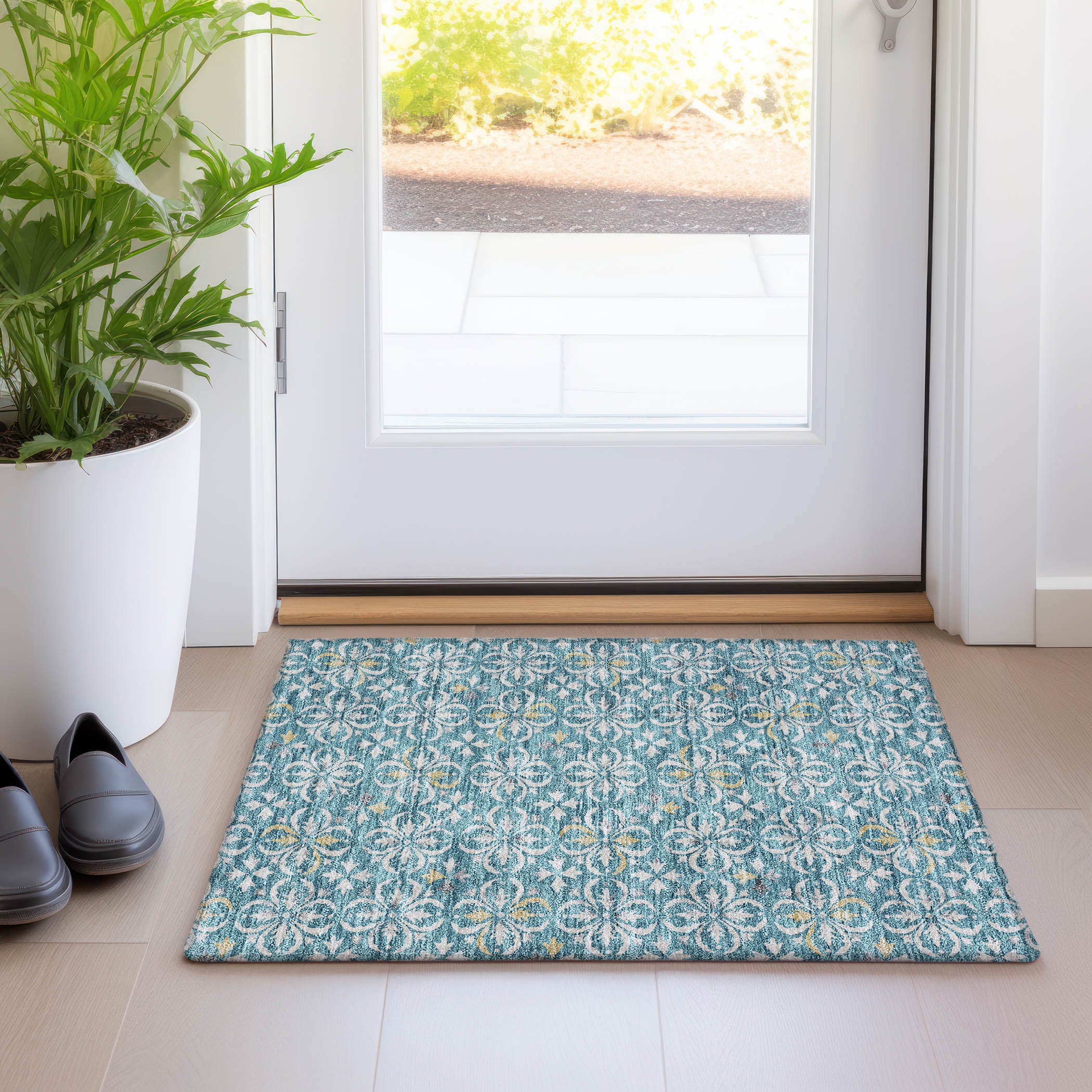 Antigua Machine Washable Transitional Teal Rug 1'8" x 2'6" #shape_Rectangle