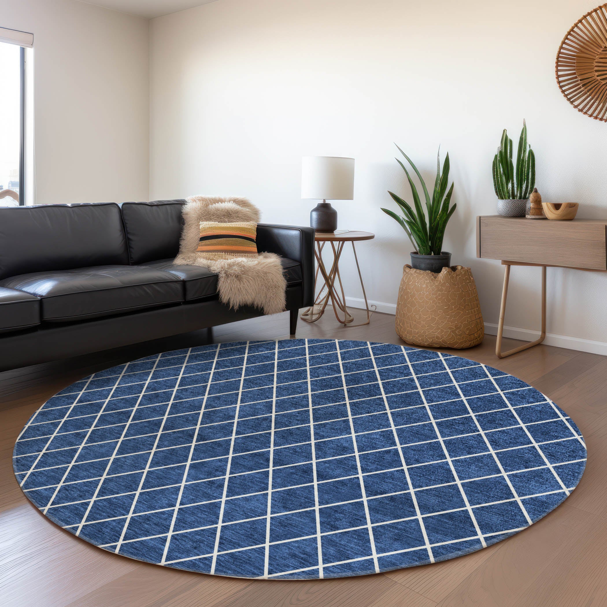 Tallinn Machine Washable Transitional Navy Blue Rug 8' x 8' #shape_Round