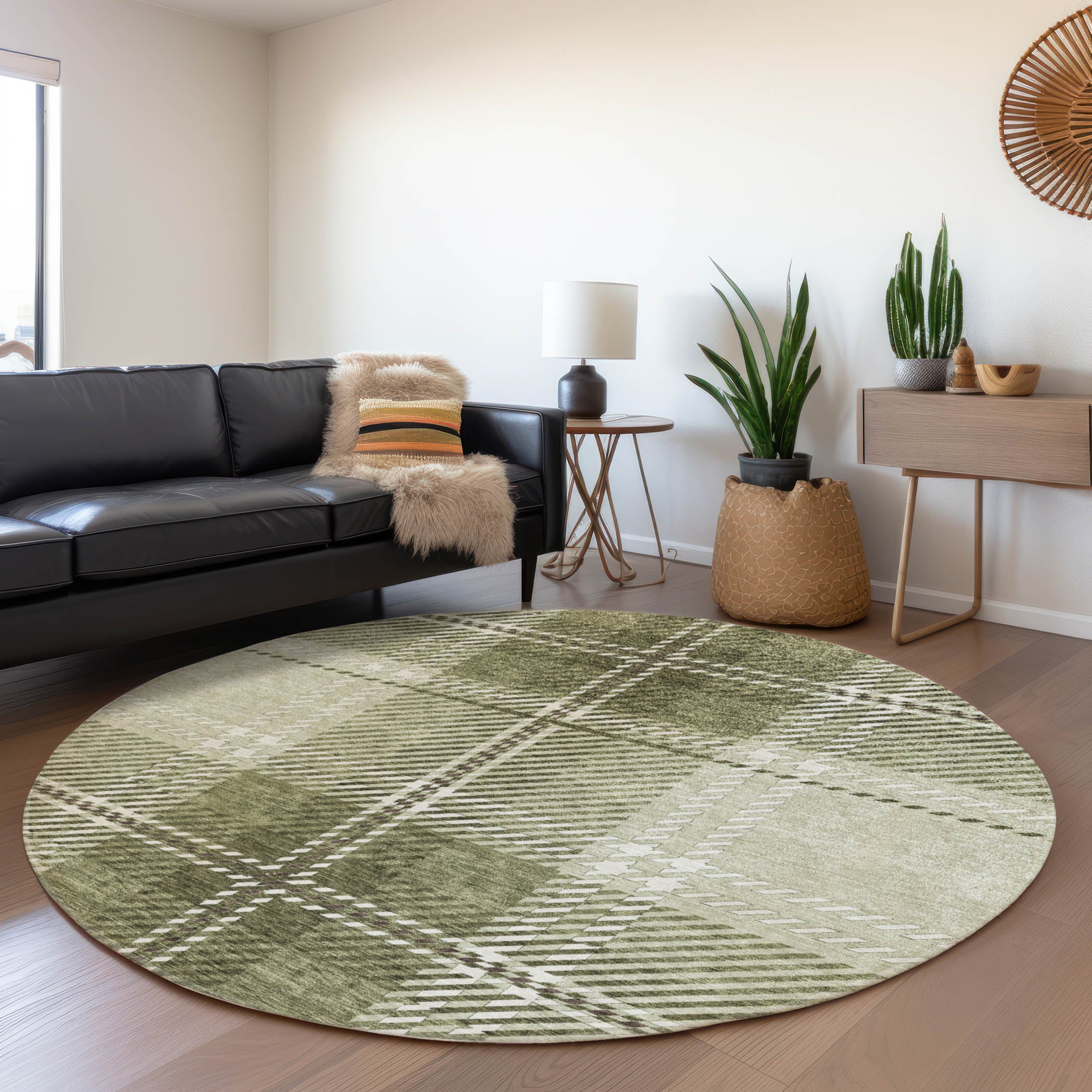 Chiang Mai Machine Washable Transitional Aloe Green Rug 8' x 8' #shape_Round