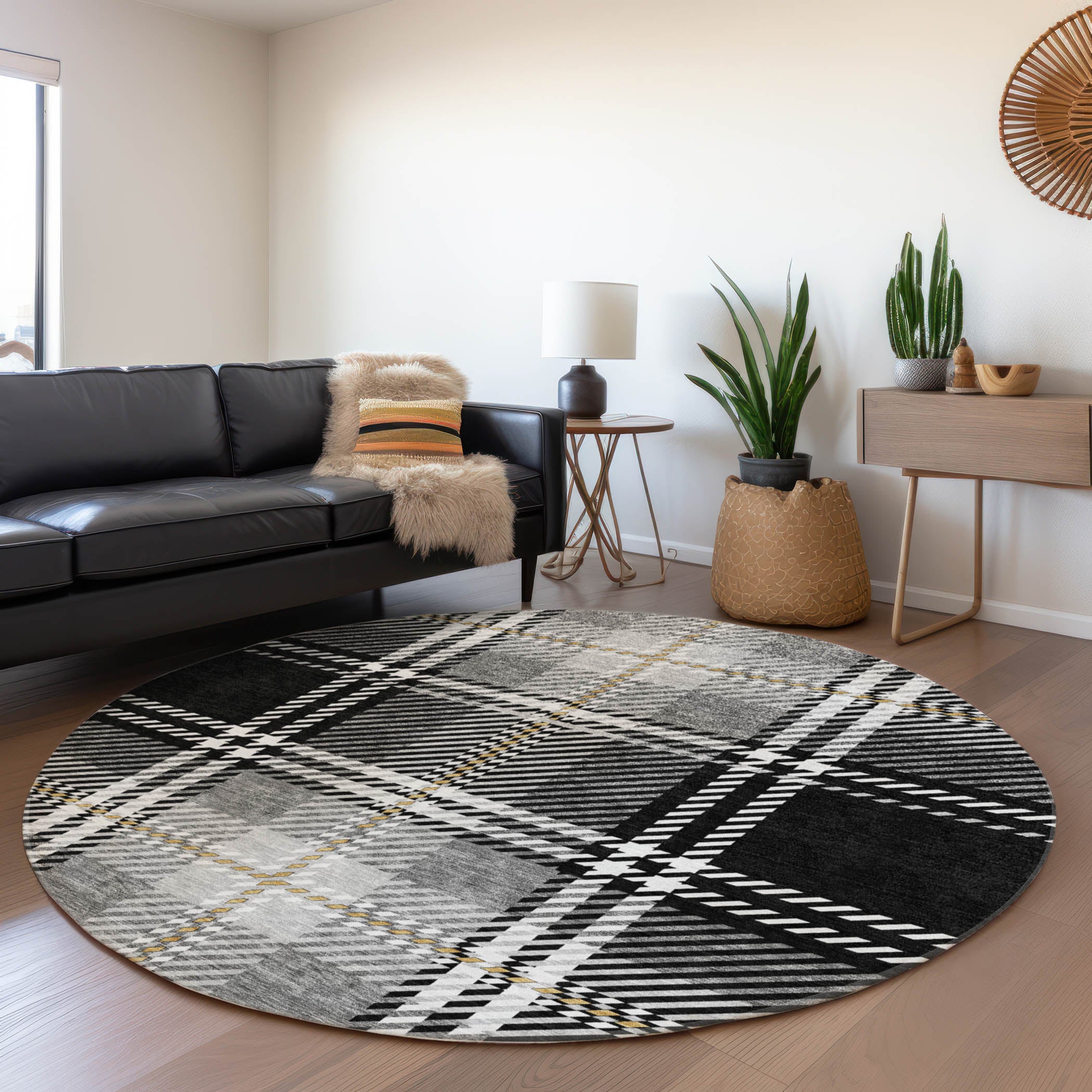 Chiang Mai Machine Washable Transitional Black Rug 8' x 8' #shape_Round