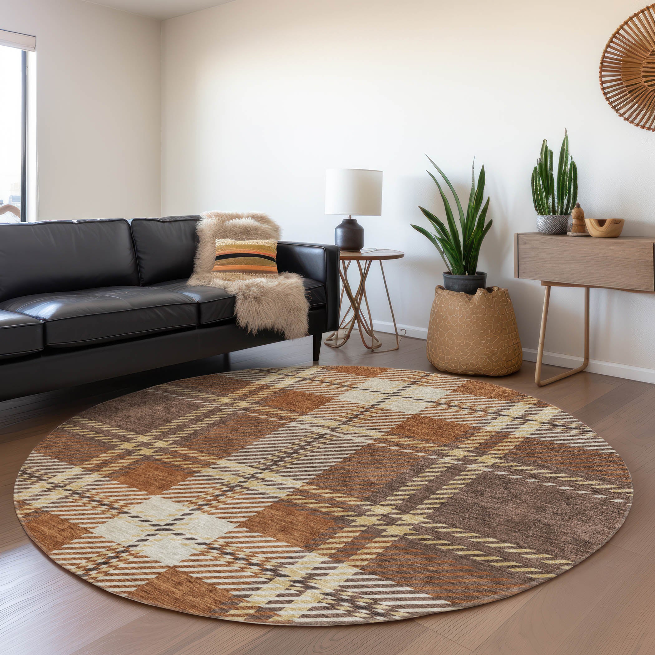 Chiang Mai Machine Washable Transitional Chocolate Brown Rug 8' x 8' #shape_Round