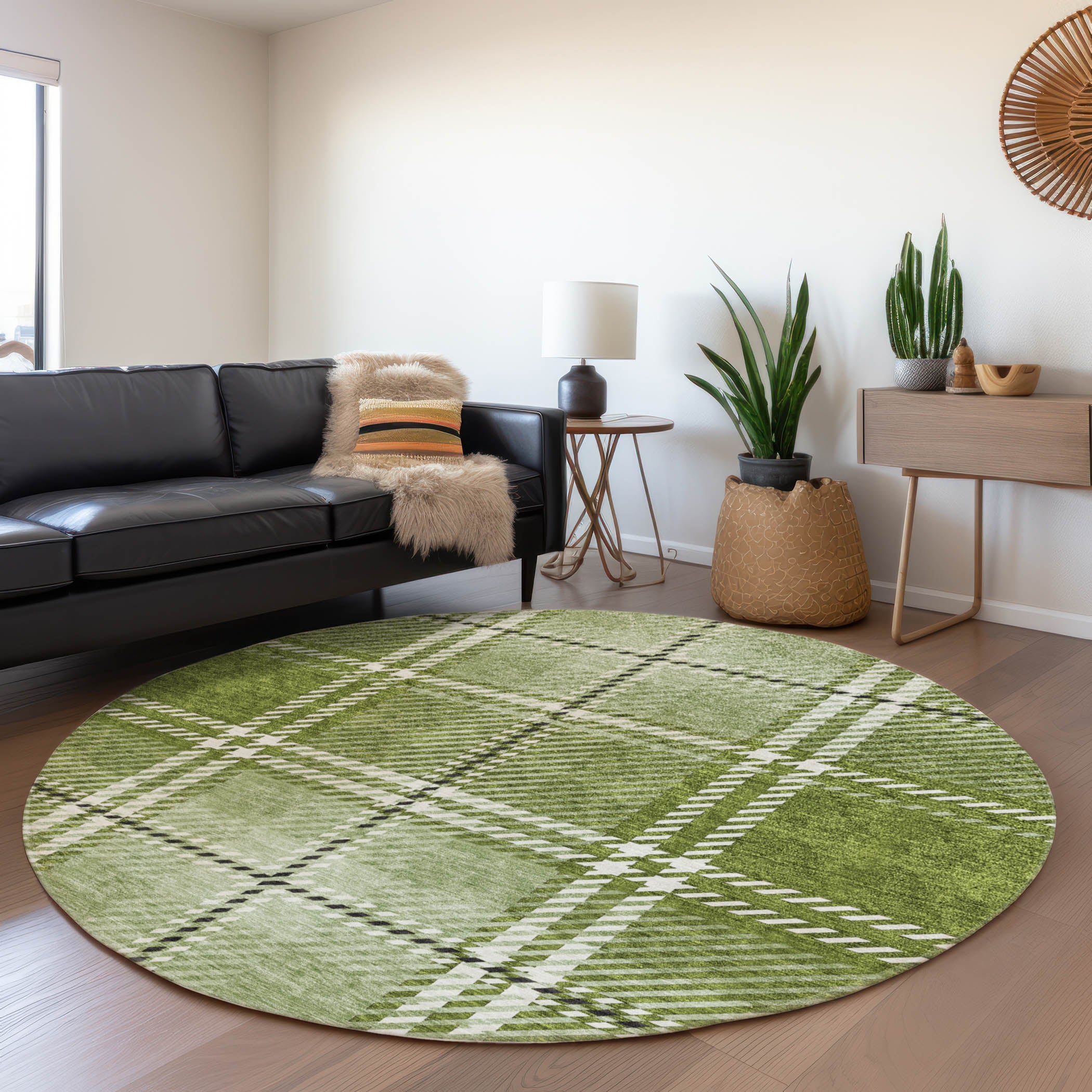 Chiang Mai Machine Washable Transitional Green Rug 8' x 8' #shape_Round