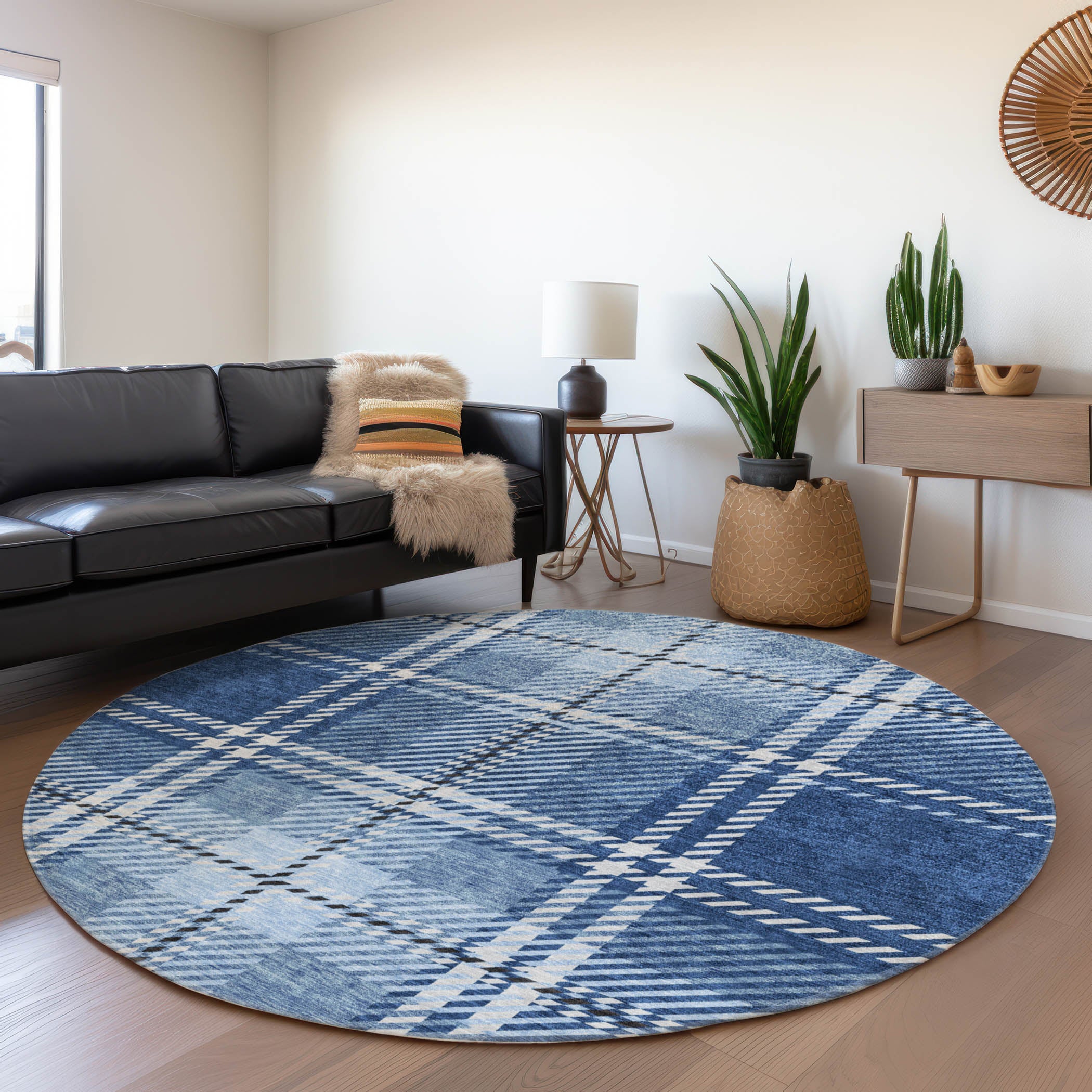 Chiang Mai Machine Washable Transitional Navy Blue Rug 8' x 8' #shape_Round