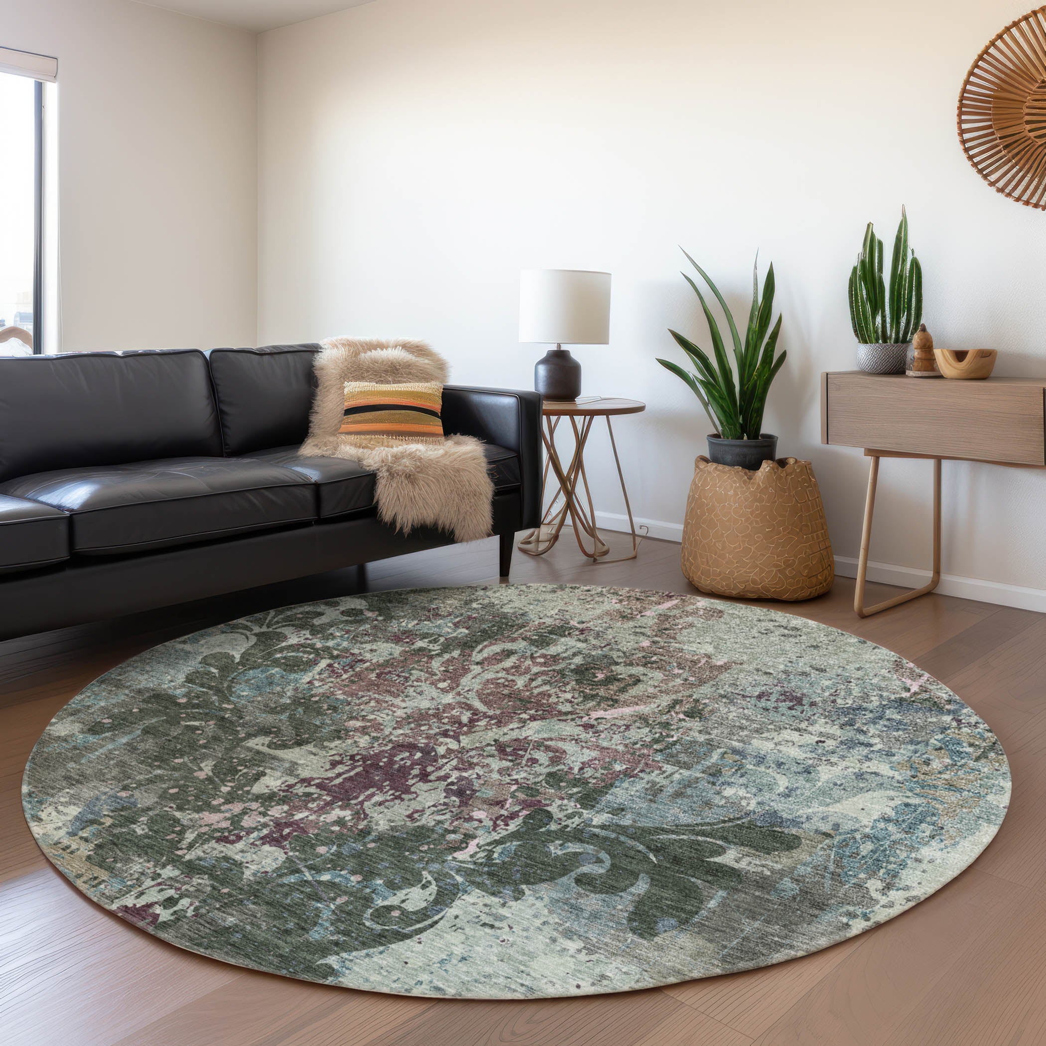 Split Machine Washable Transitional Fern Green Rug 8' x 8' #shape_Round