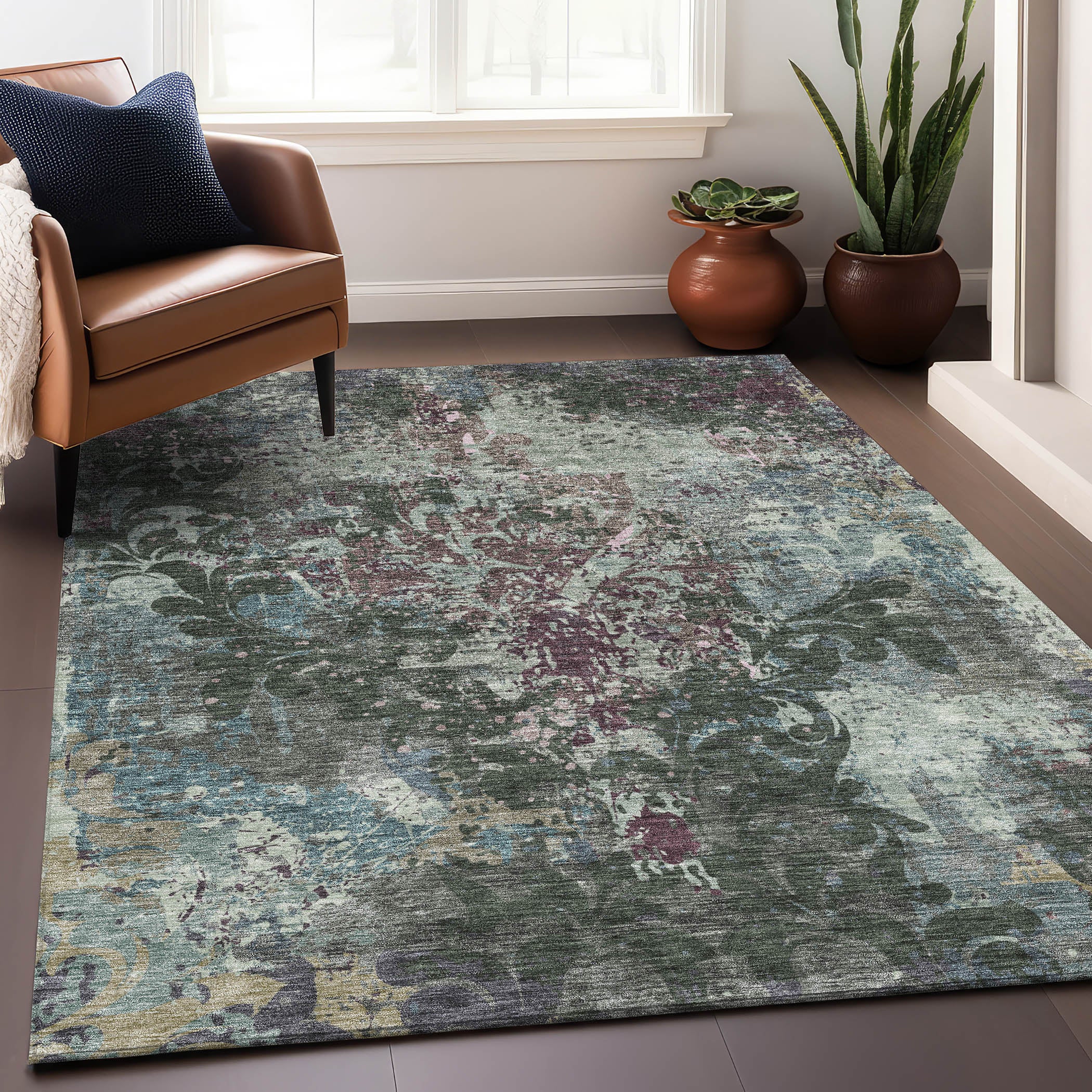 Split Machine Washable Transitional Fern Green Rug 2'6" x 3'10" #shape_Rectangle
