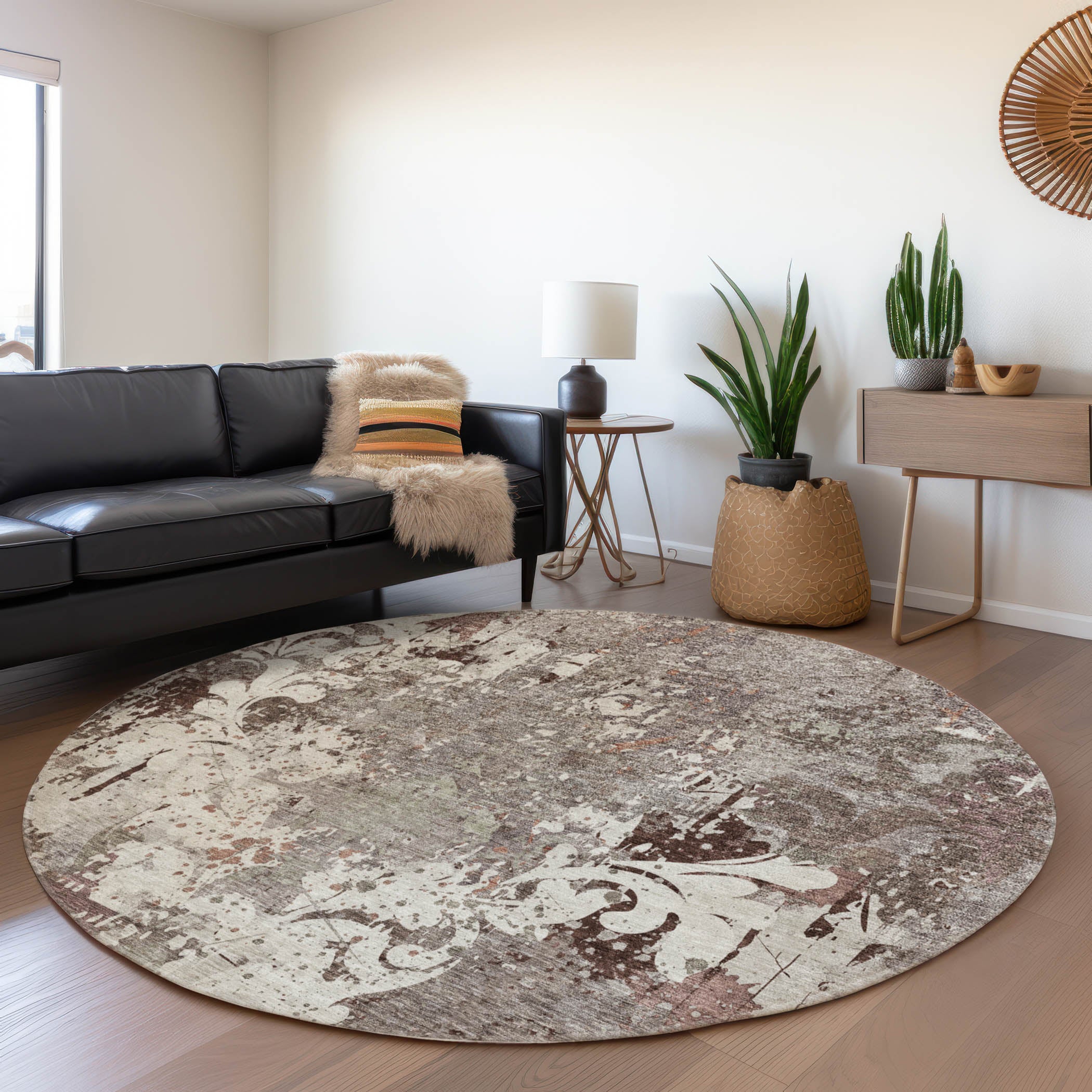 Split Machine Washable Transitional Taupe Brown Rug 8' x 8' #shape_Round