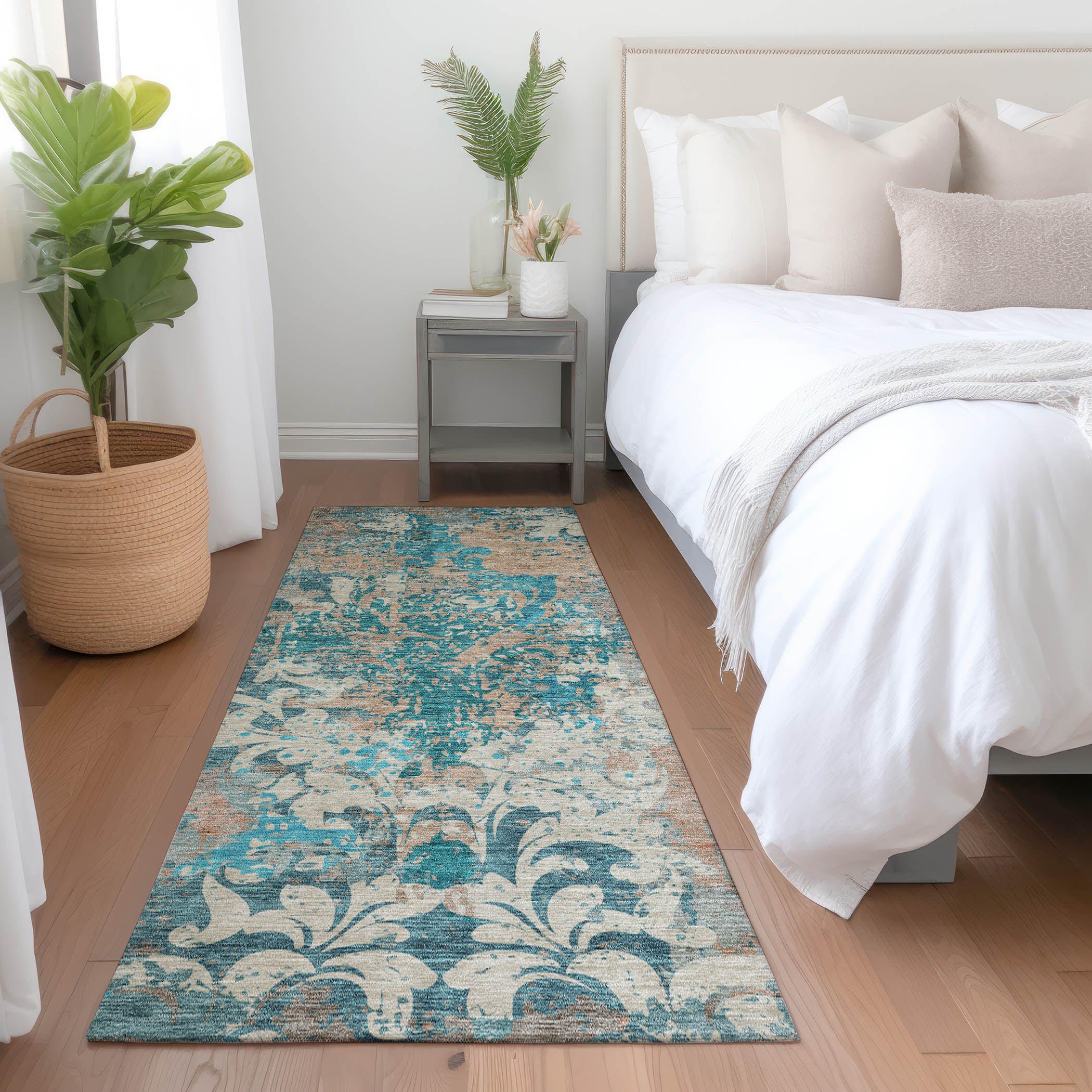 Split Machine Washable Transitional Teal Rug 2'3" x 7'6" #shape_Runner