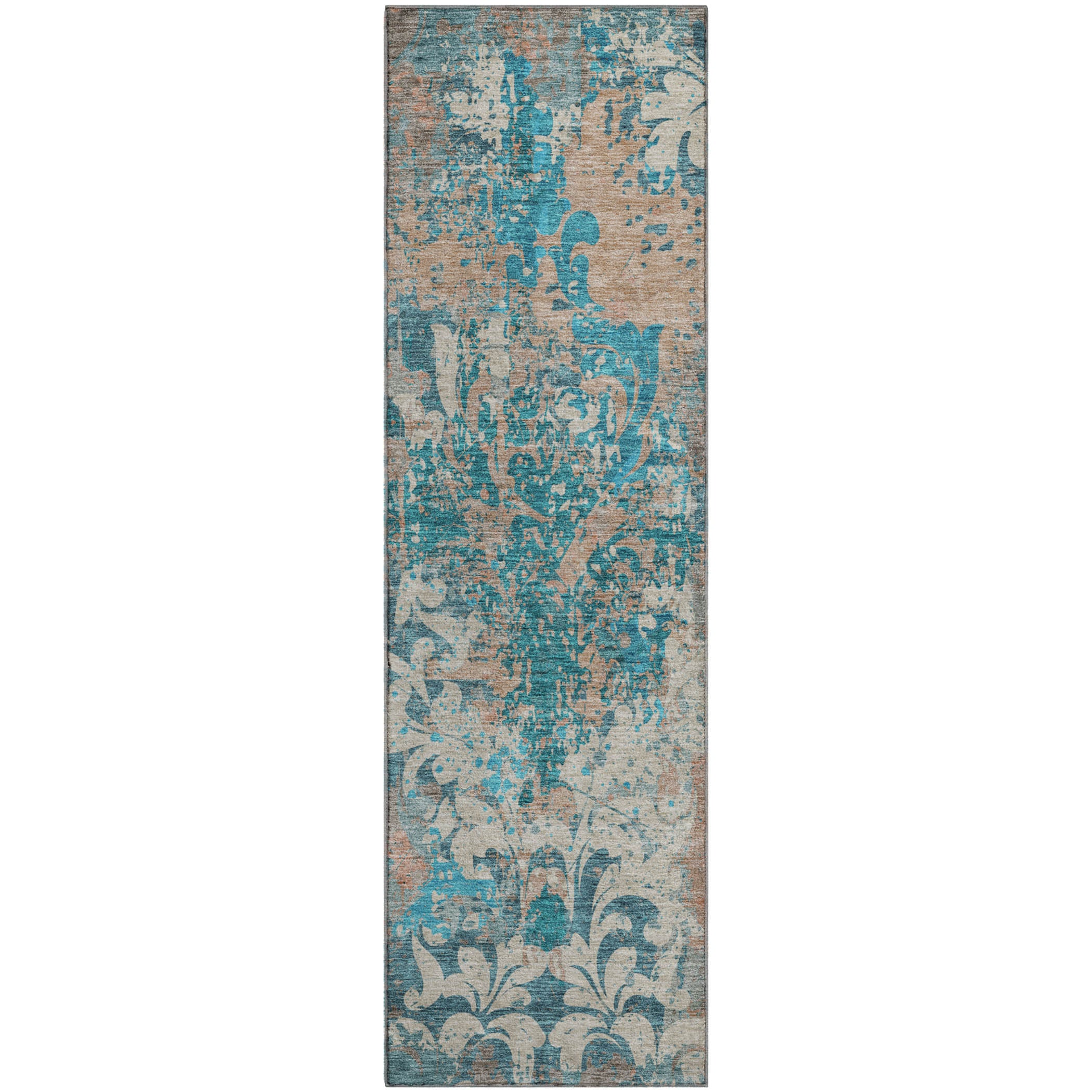 Split Machine Washable Transitional Teal Rug 2'3" x 7'6" #shape_Runner
