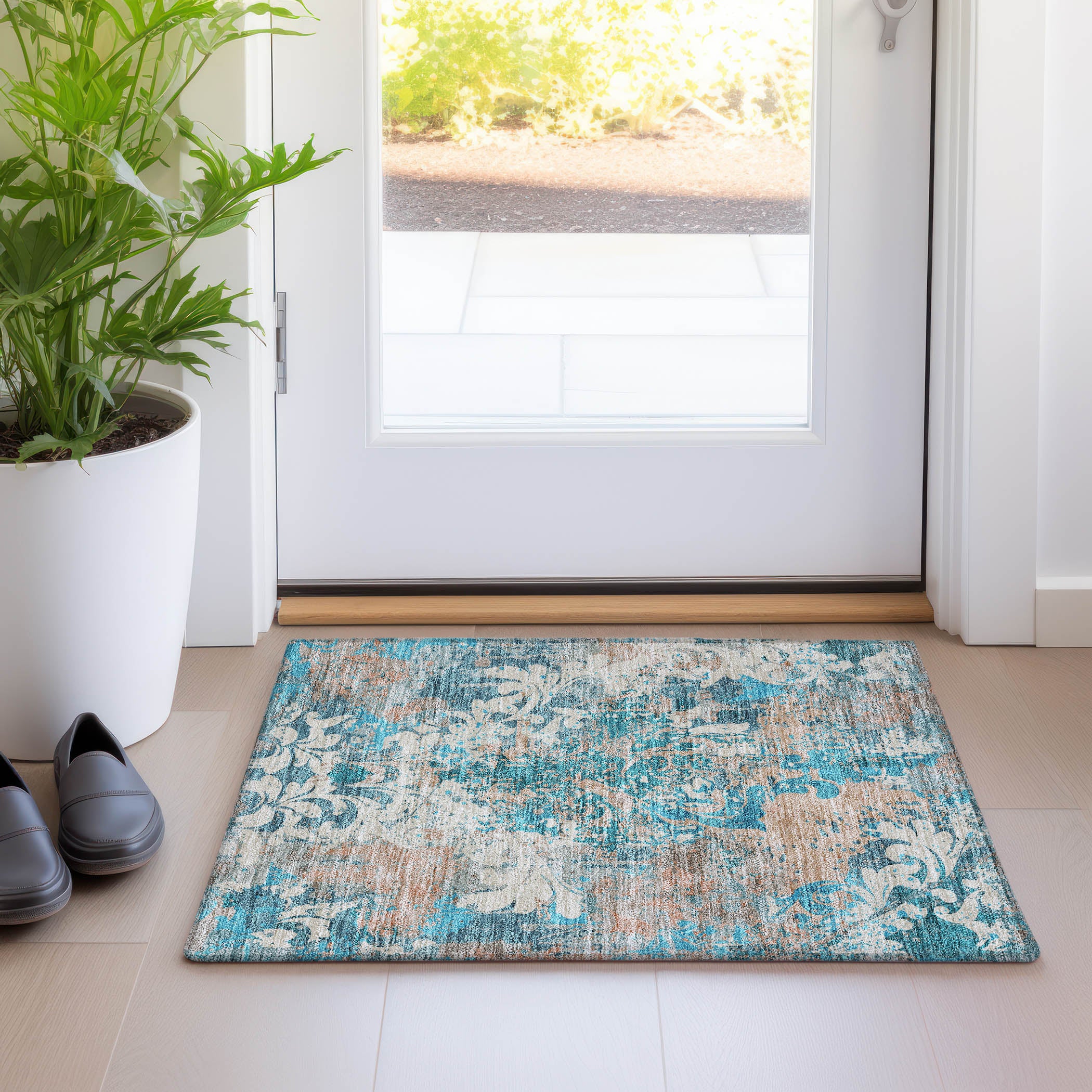 Split Machine Washable Transitional Teal Rug 1'8" x 2'6" #shape_Rectangle