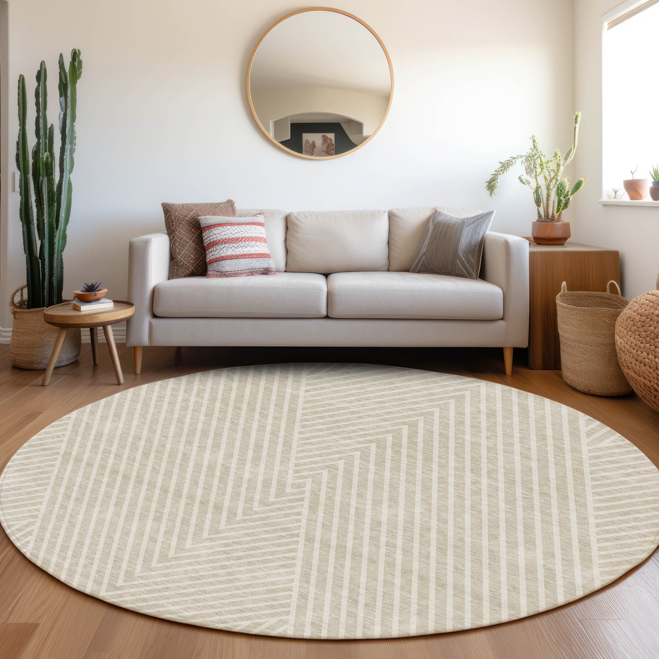Bern Machine Washable Transitional Beige Brown Rug 8' x 8' #shape_Round