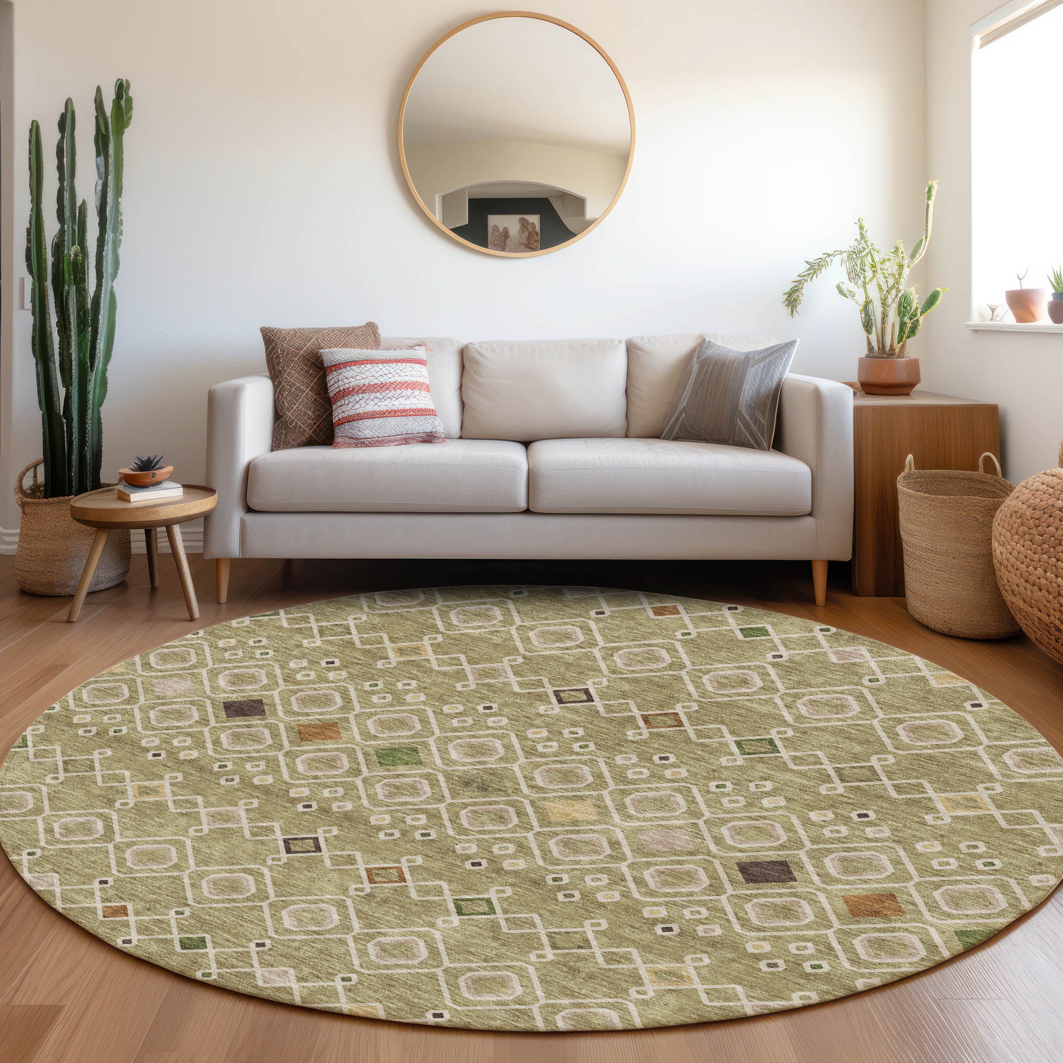 Tallinn Machine Washable Transitional Sage Green Rug 8' x 8' #shape_Round