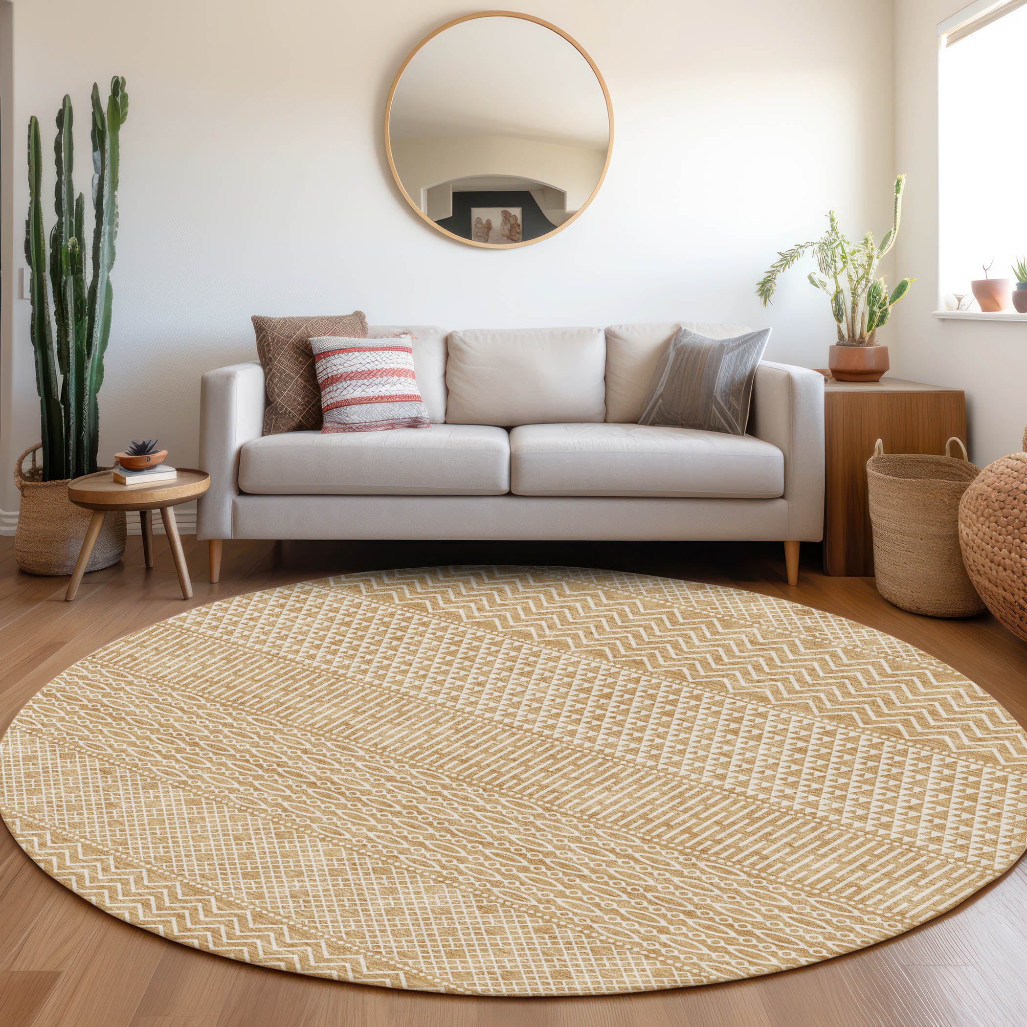 Florence Machine Washable Transitional Gold Rug 8' x 8' #shape_Round