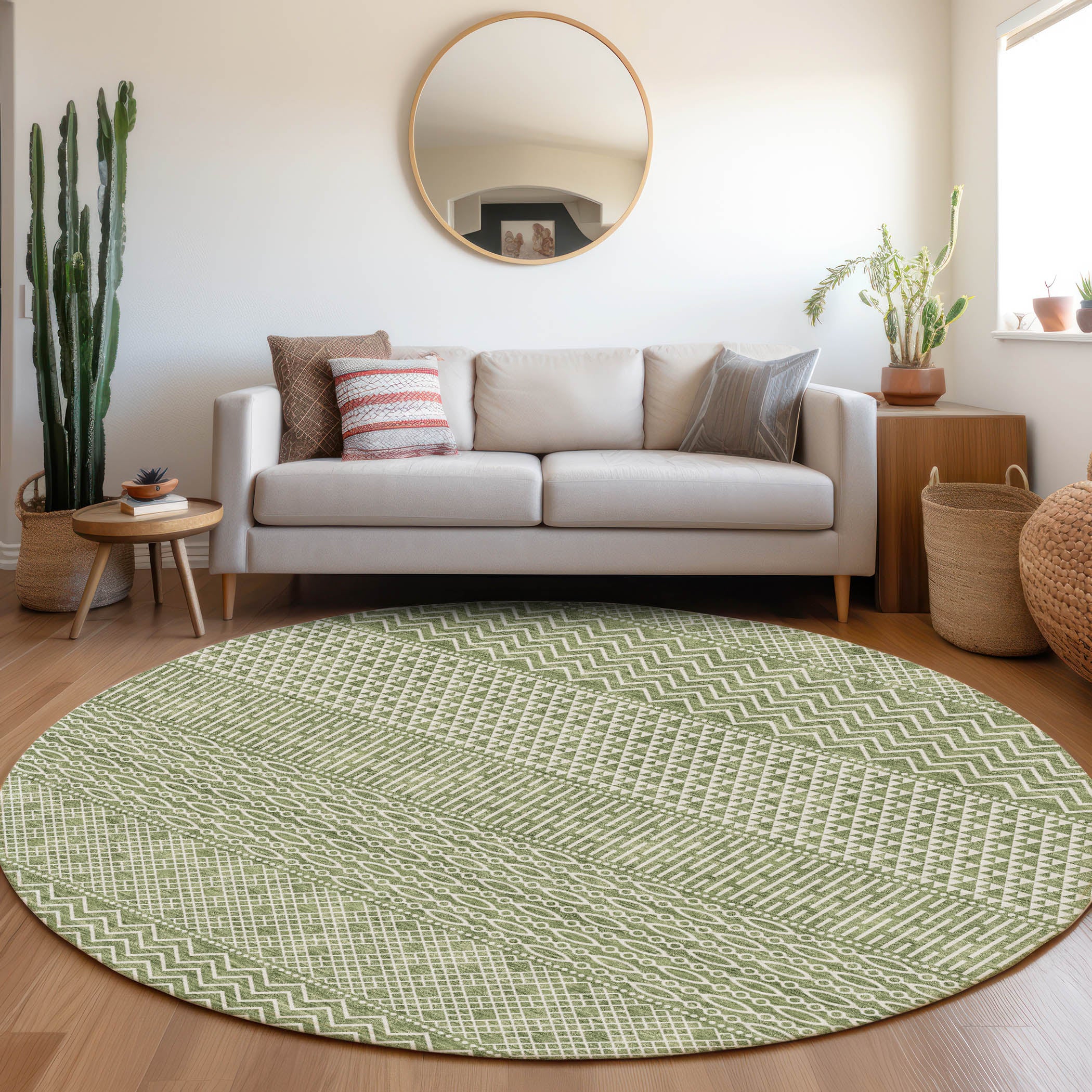 Florence Machine Washable Transitional Green Rug 8' x 8' #shape_Round