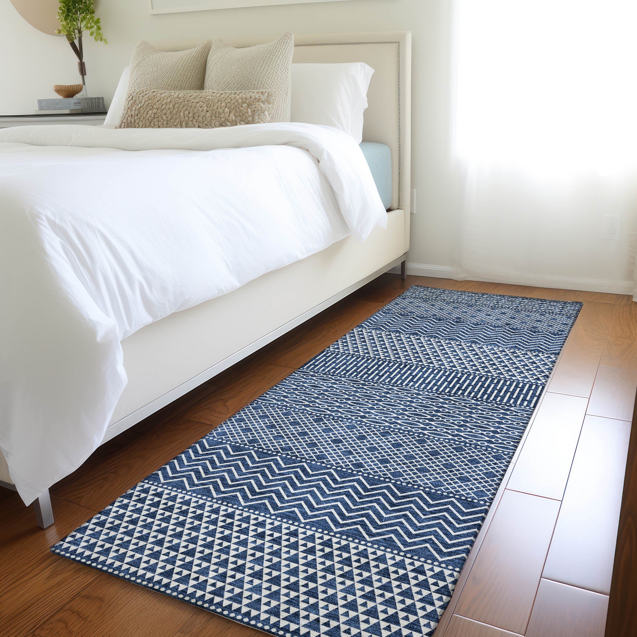Florence Machine Washable Transitional Navy Blue Rug 2'3" x 7'6" #shape_Runner