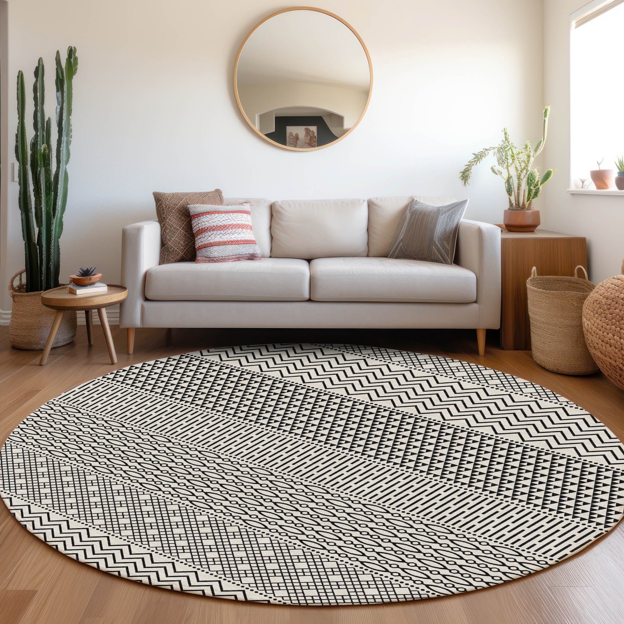 Florence Machine Washable Transitional White Ivory Rug 8' x 8' #shape_Round