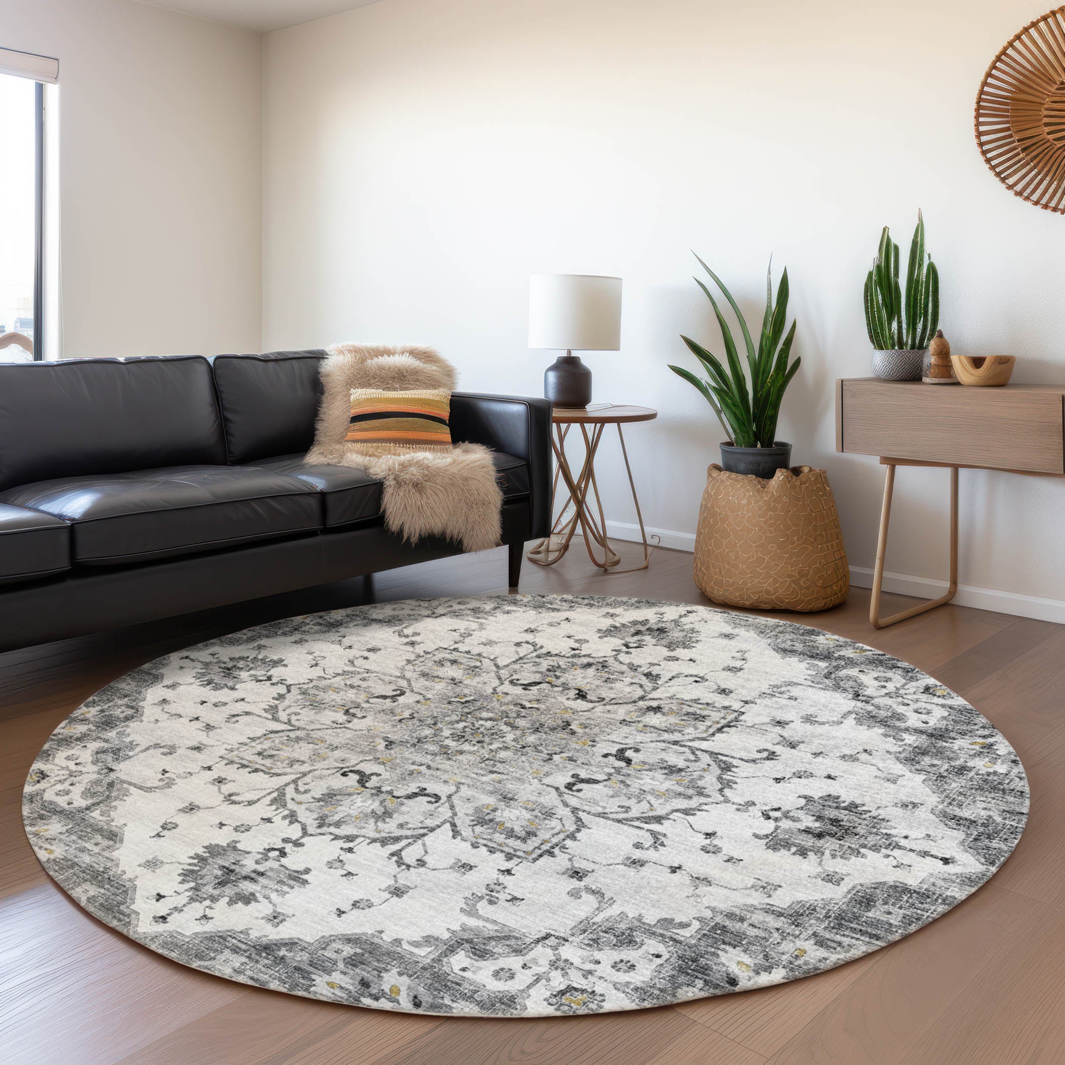 Athens Machine Washable Traditional Fog Gray Rug 8' x 8' #shape_Round