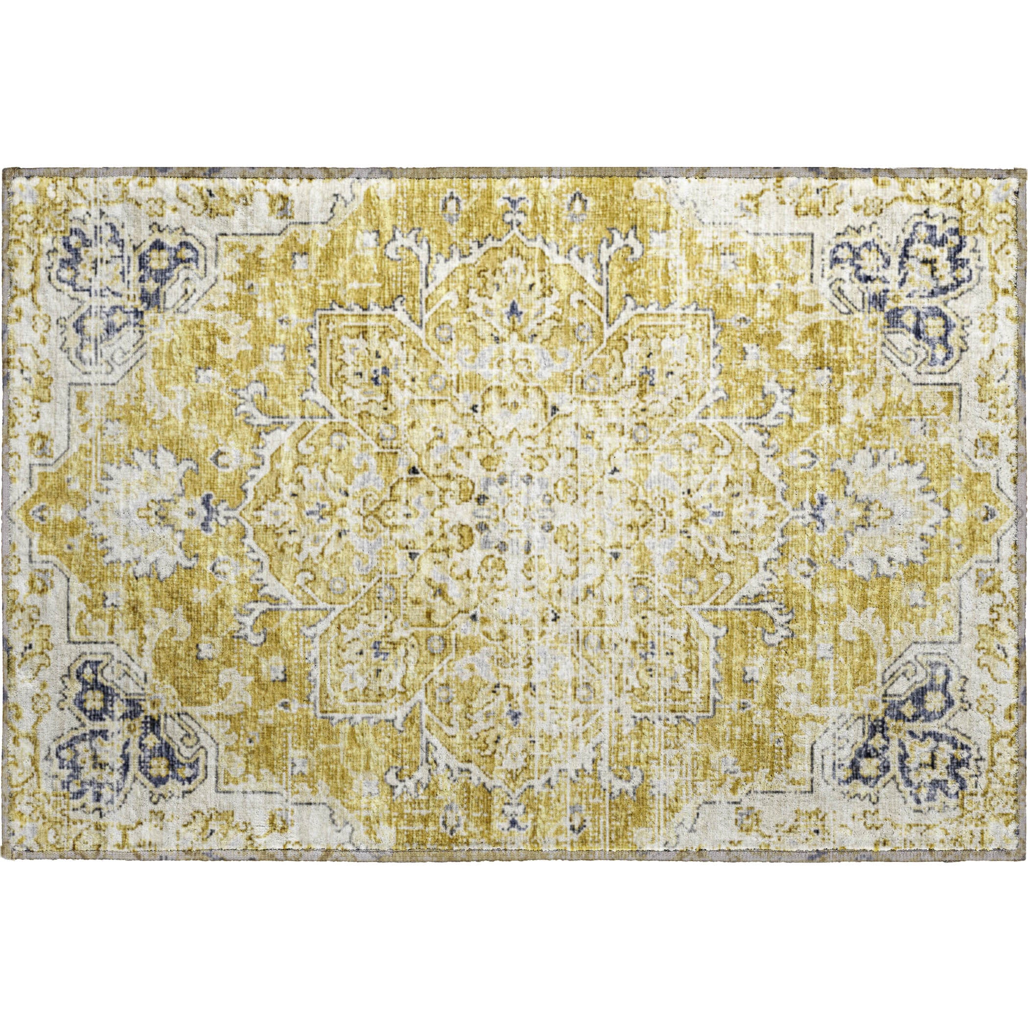 Athens Machine Washable Traditional Gilded Yellow Rug 1'8" x 2'6" #shape_Rectangle