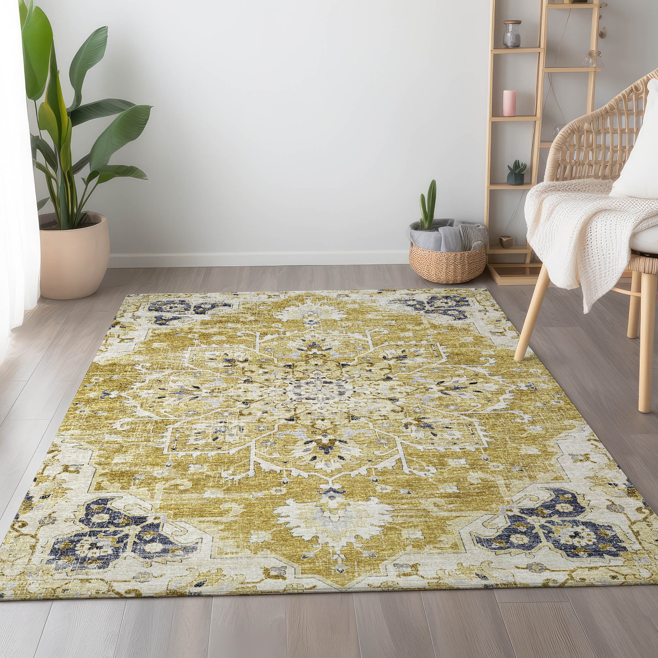 Athens Machine Washable Traditional Gilded Yellow Rug 2'6" x 3'10" #shape_Rectangle