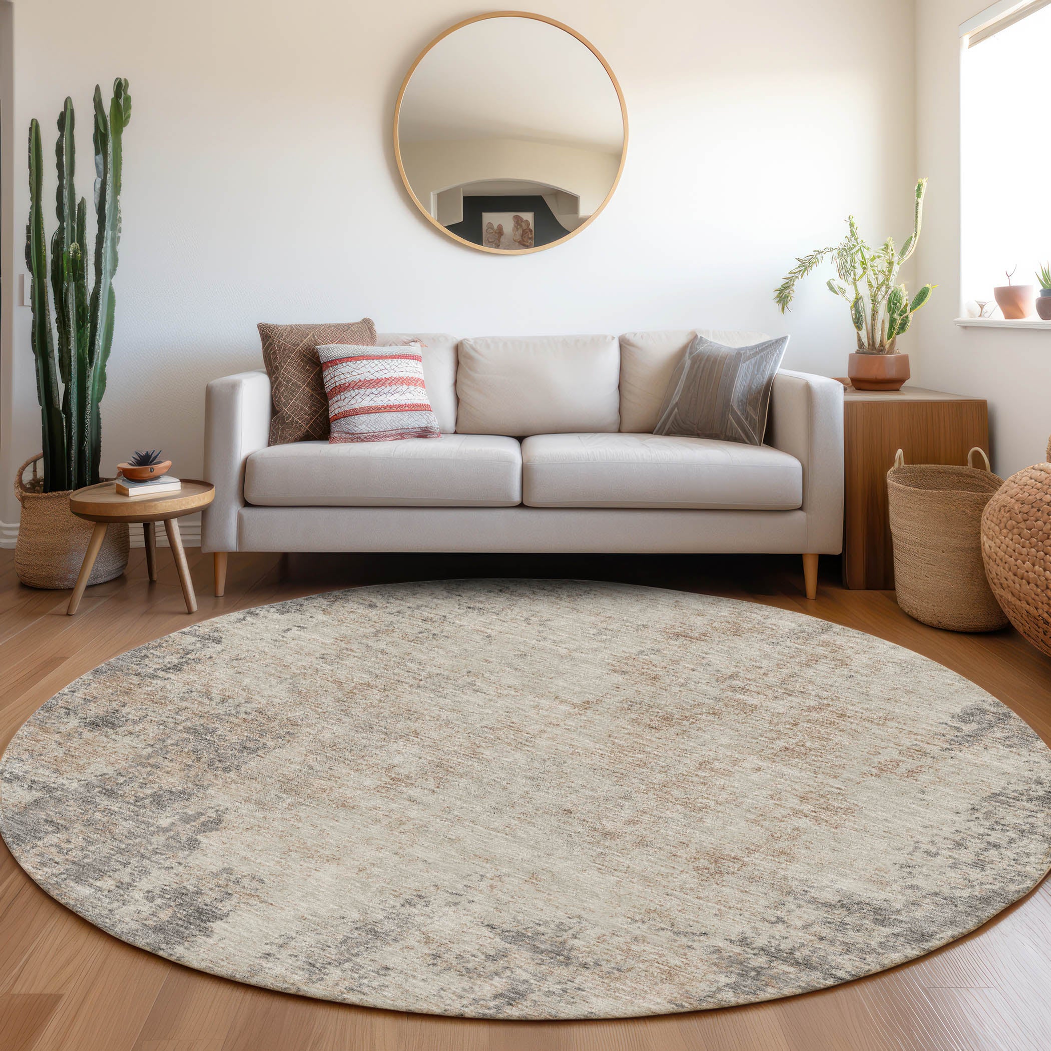 Bogota Machine Washable Transitional Taupe Brown Rug 8' x 8' #shape_Round