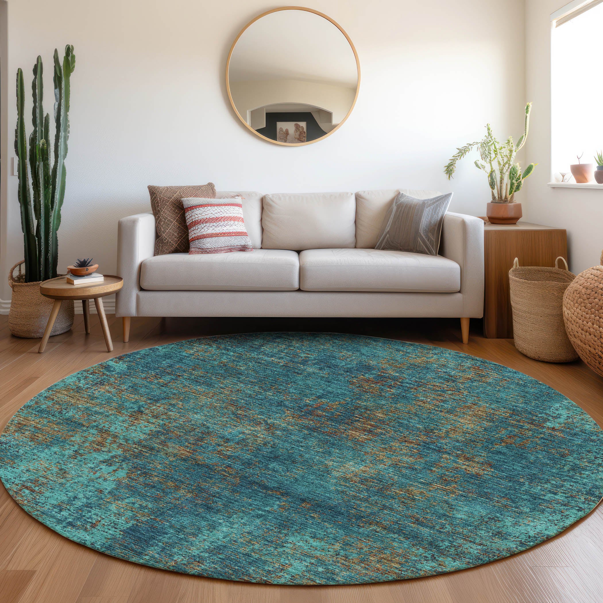 Bogota Machine Washable Transitional Teal Rug 8' x 8' #shape_Round