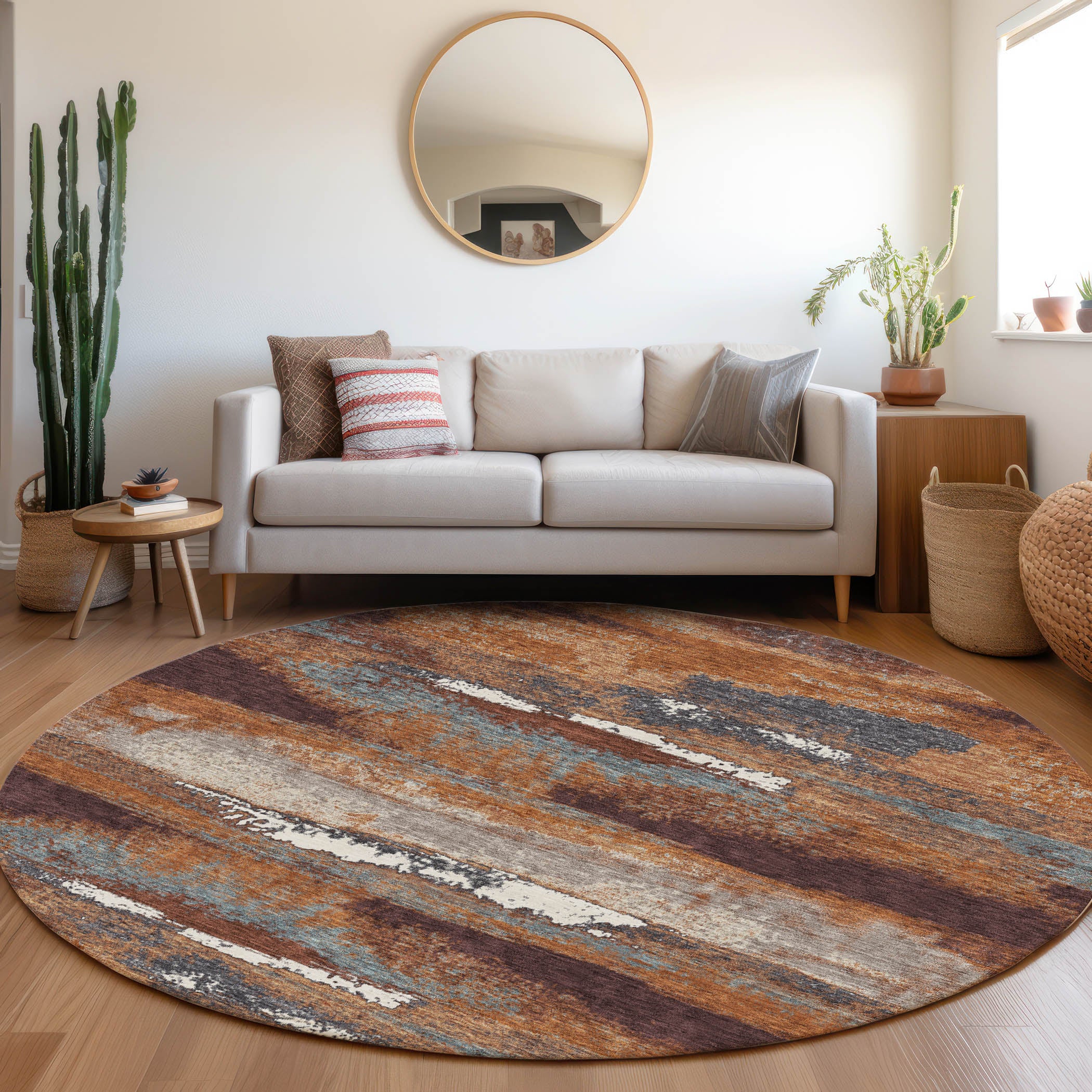 Baku Machine Washable Transitional Copper Orange Rug 8' x 8' #shape_Round