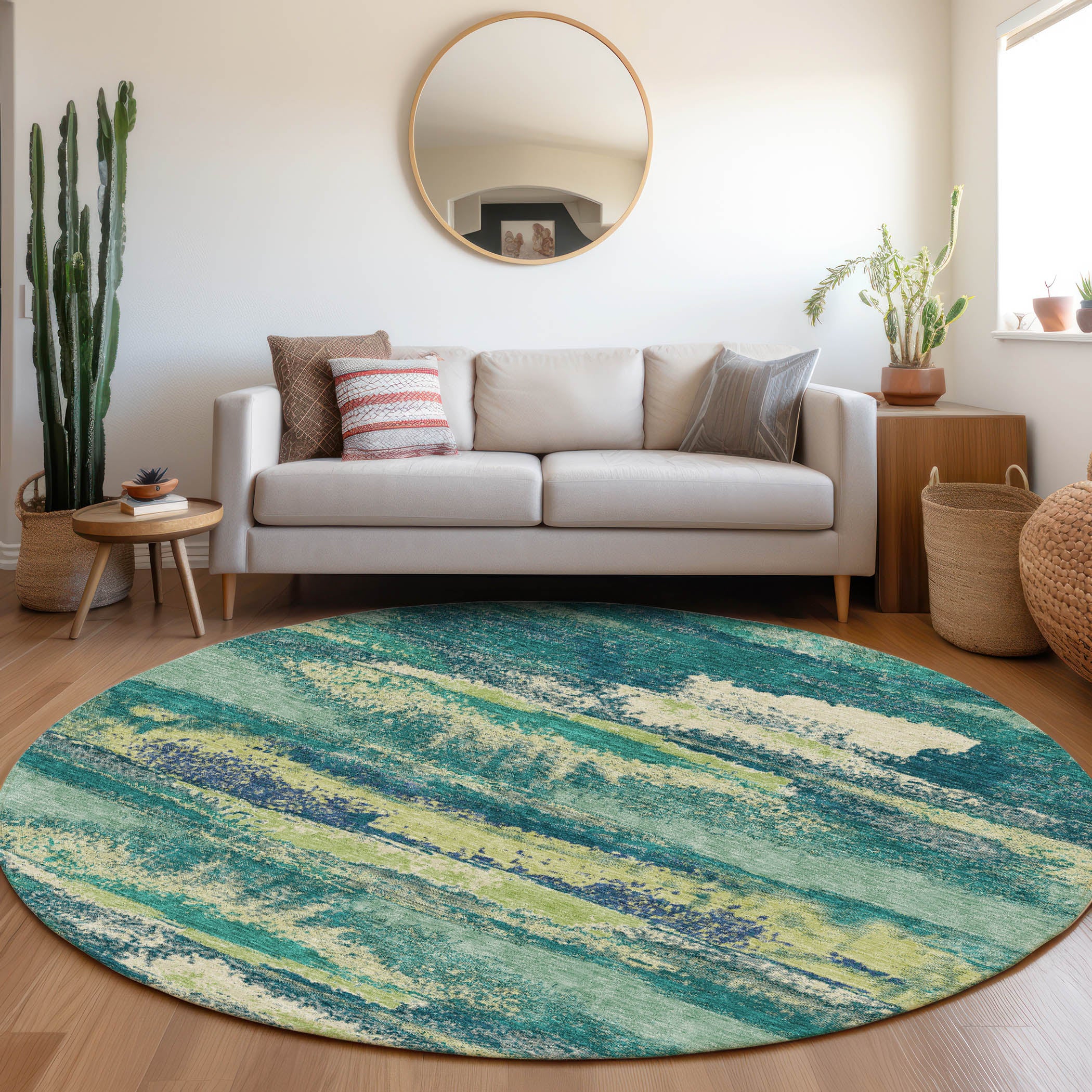 Baku Machine Washable Transitional Emerald Green Rug 8' x 8' #shape_Round