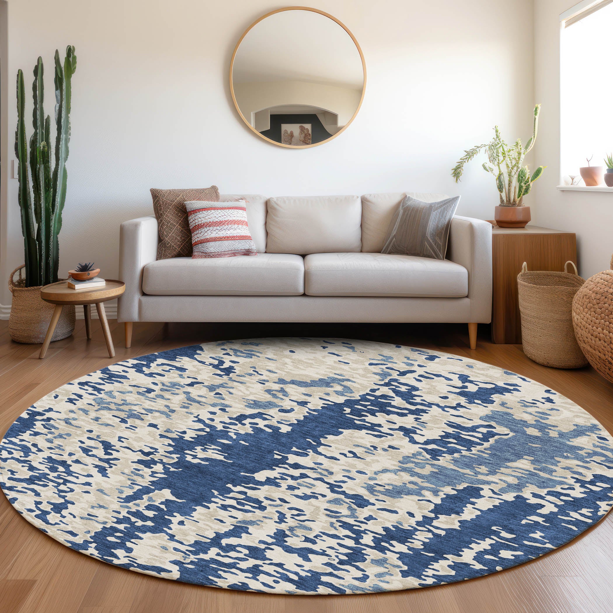 Mdina Machine Washable Transitional Navy Blue Rug 8' x 8' #shape_Round