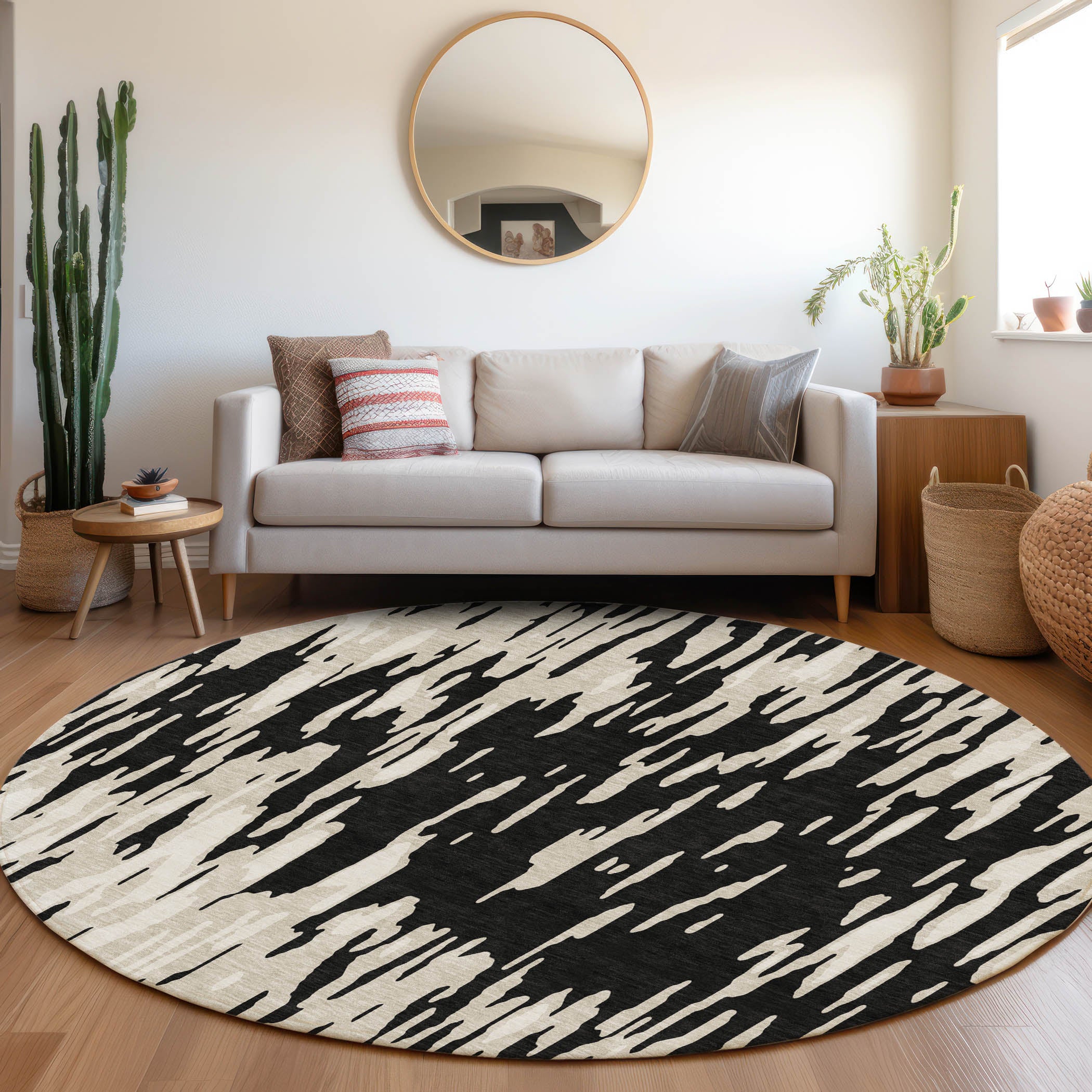 Porto Machine Washable Transitional Black Rug 8' x 8' #shape_Round