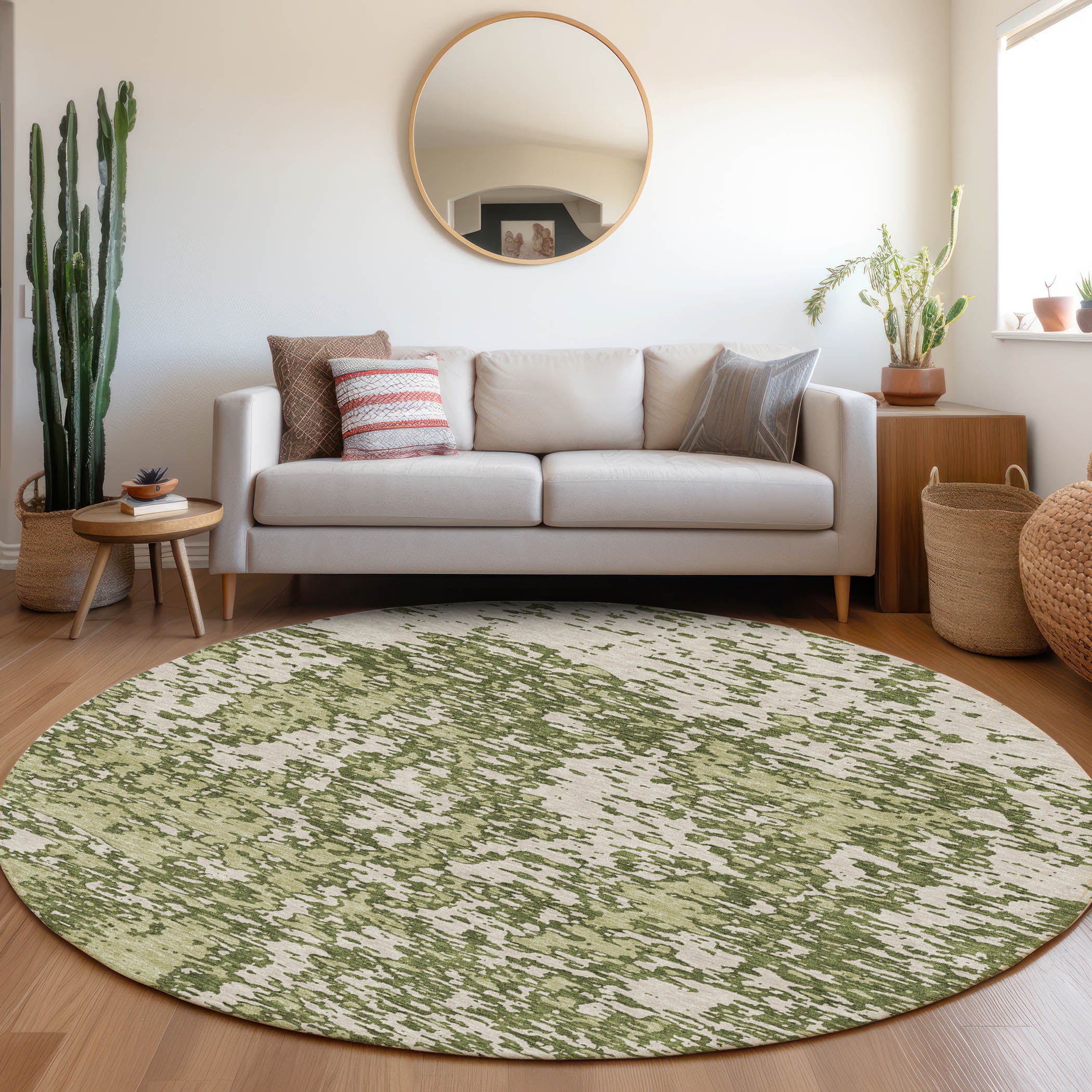 Ghent Machine Washable Transitional Olive Green Rug 8' x 8' #shape_Round
