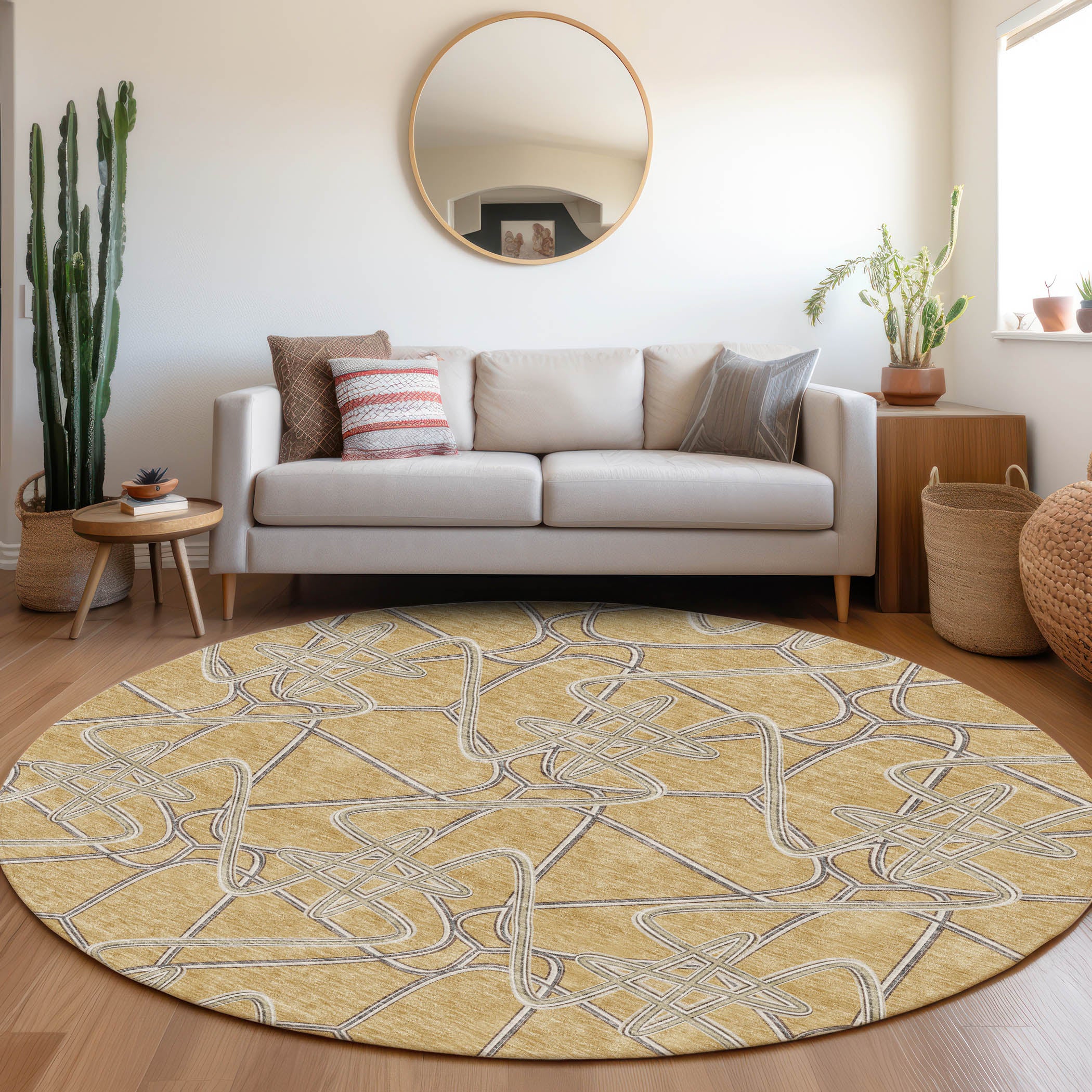 Cusco Machine Washable Transitional Gold Rug 8' x 8' #shape_Round