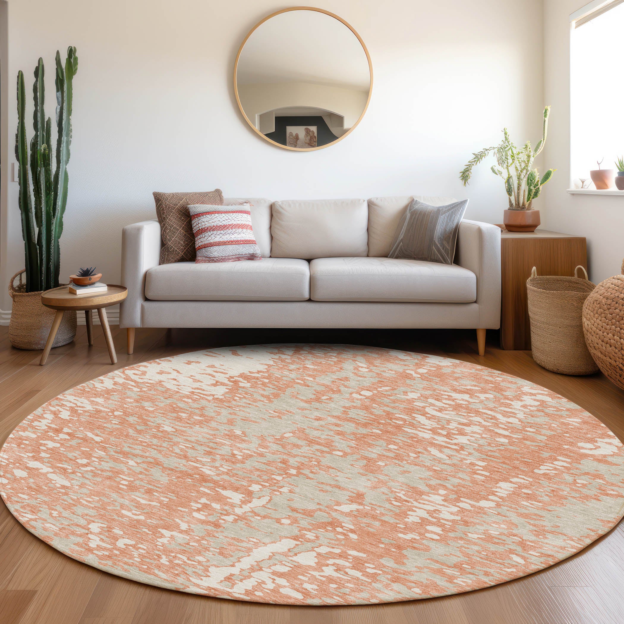 Rome Machine Washable Transitional Coral Orange Rug 8' x 8' #shape_Round