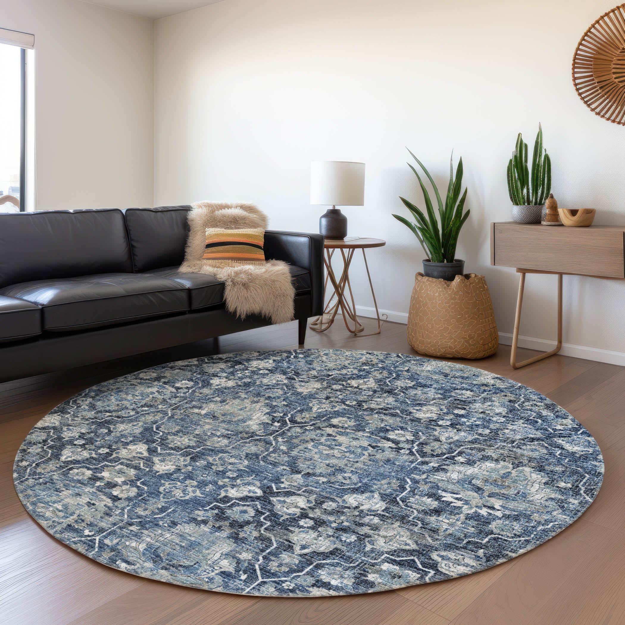 Ghent Machine Washable Traditional Blue Rug 8' x 8' #shape_Round