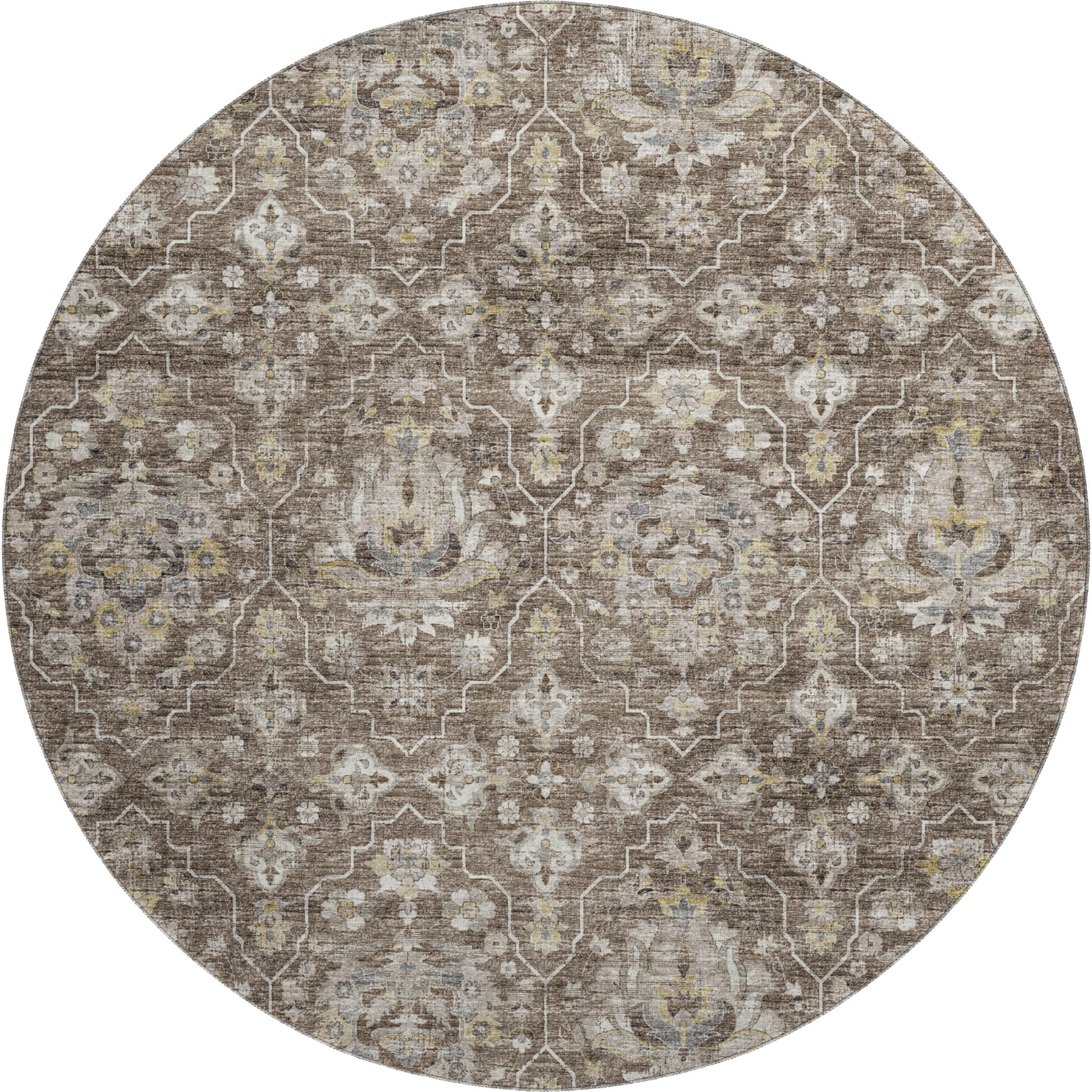 Ghent Machine Washable Traditional Driftwood Brown Rug 8' x 8' #shape_Round