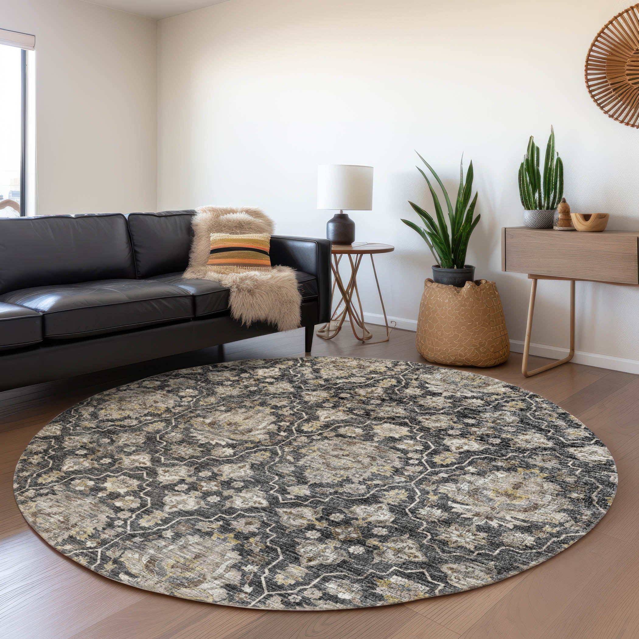 Ghent Machine Washable Traditional Shadow Gray Rug 8' x 8' #shape_Round