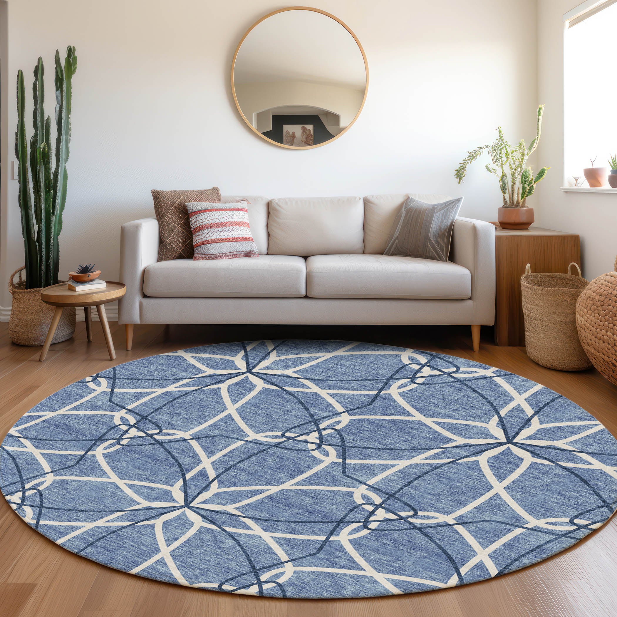 Cusco Machine Washable Transitional Denim Blue Rug 8' x 8' #shape_Round