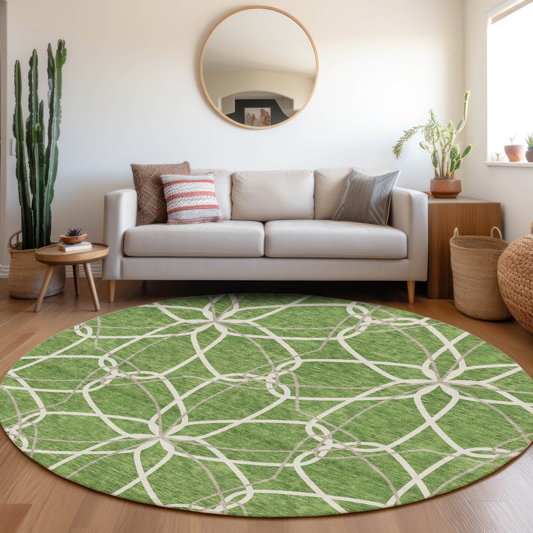 Cusco Machine Washable Transitional Green Rug 8' x 8' #shape_Round