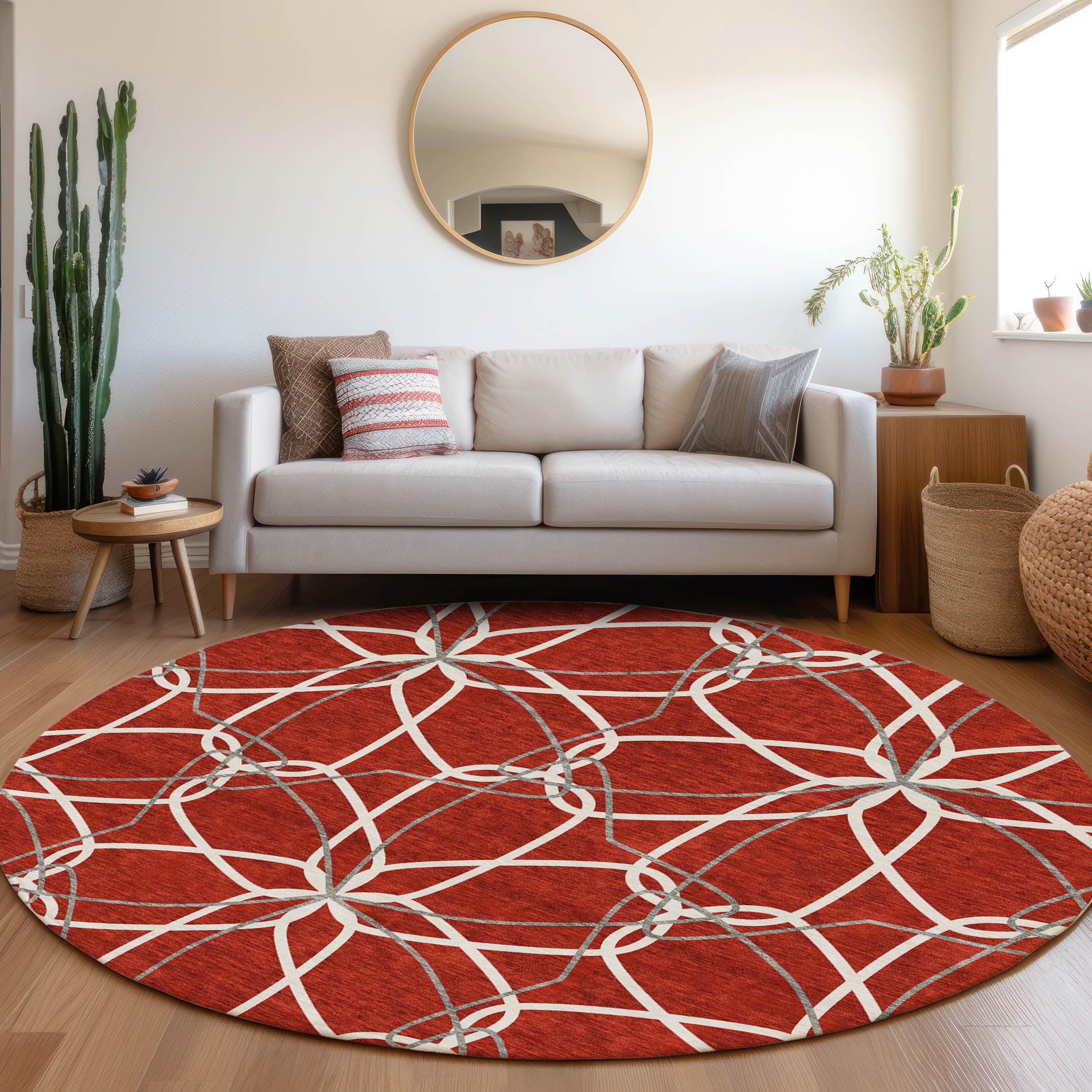 Cusco Machine Washable Transitional Red Rug 8' x 8' #shape_Round