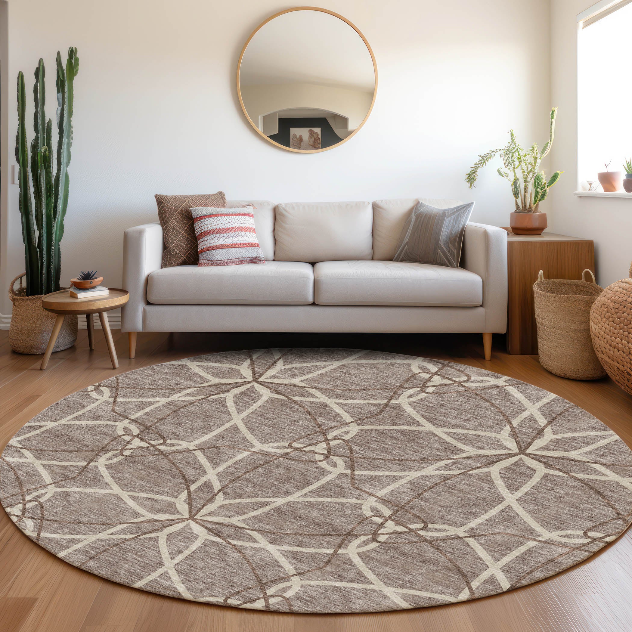 Cusco Machine Washable Transitional Taupe Brown Rug 8' x 8' #shape_Round