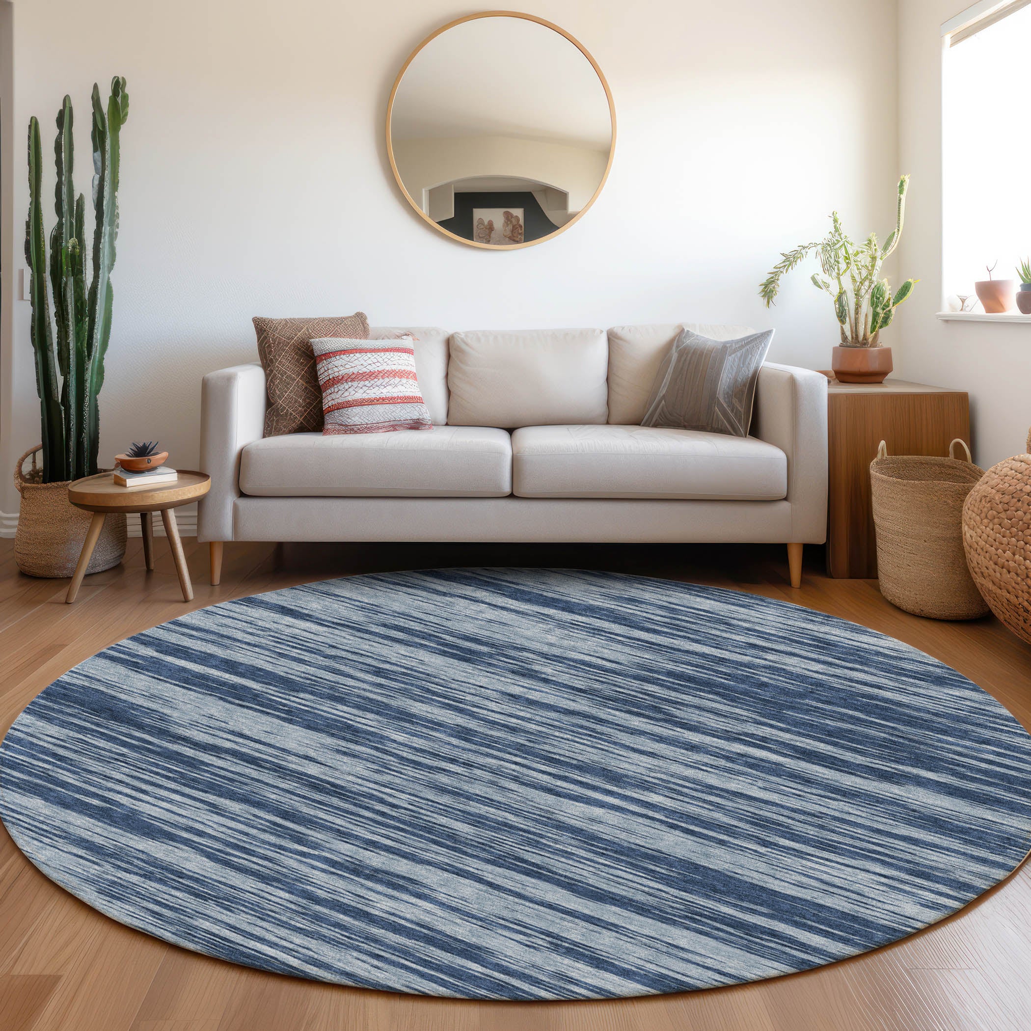Montevideo Machine Washable Transitional Blue Rug 8' x 8' #shape_Round