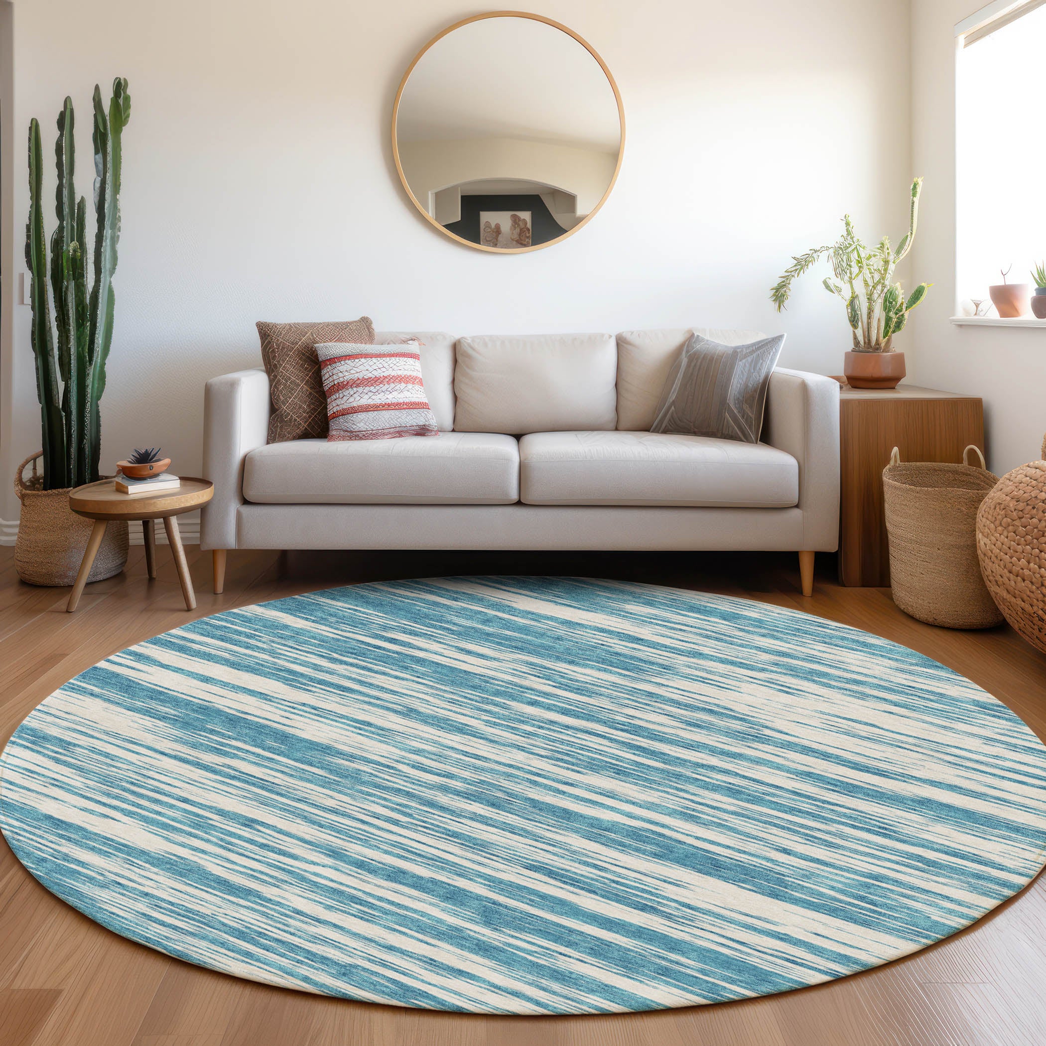 Montevideo Machine Washable Transitional Teal Rug 8' x 8' #shape_Round