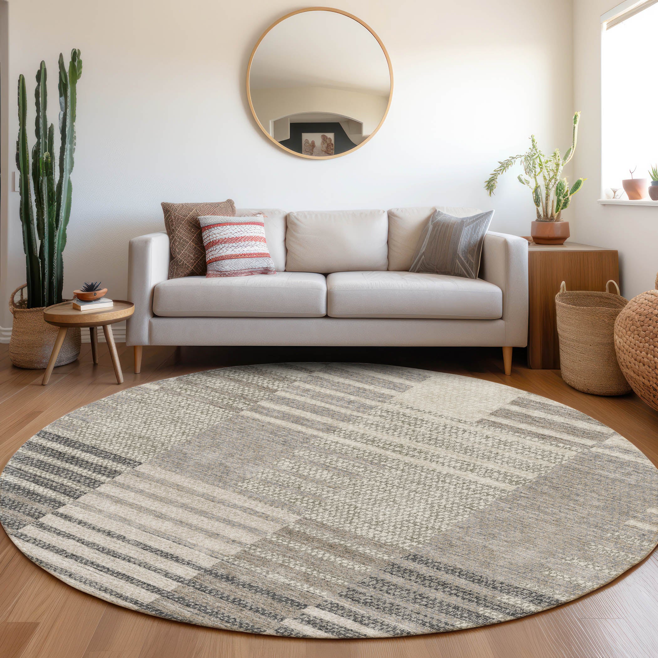 Mostar Machine Washable Transitional Beige Brown Rug 8' x 8' #shape_Round