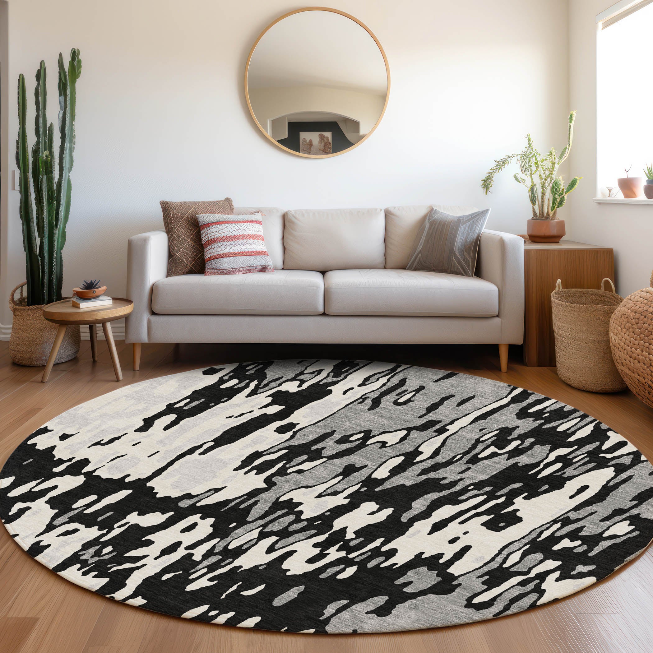 Seoul Machine Washable Transitional Black Rug 8' x 8' #shape_Round